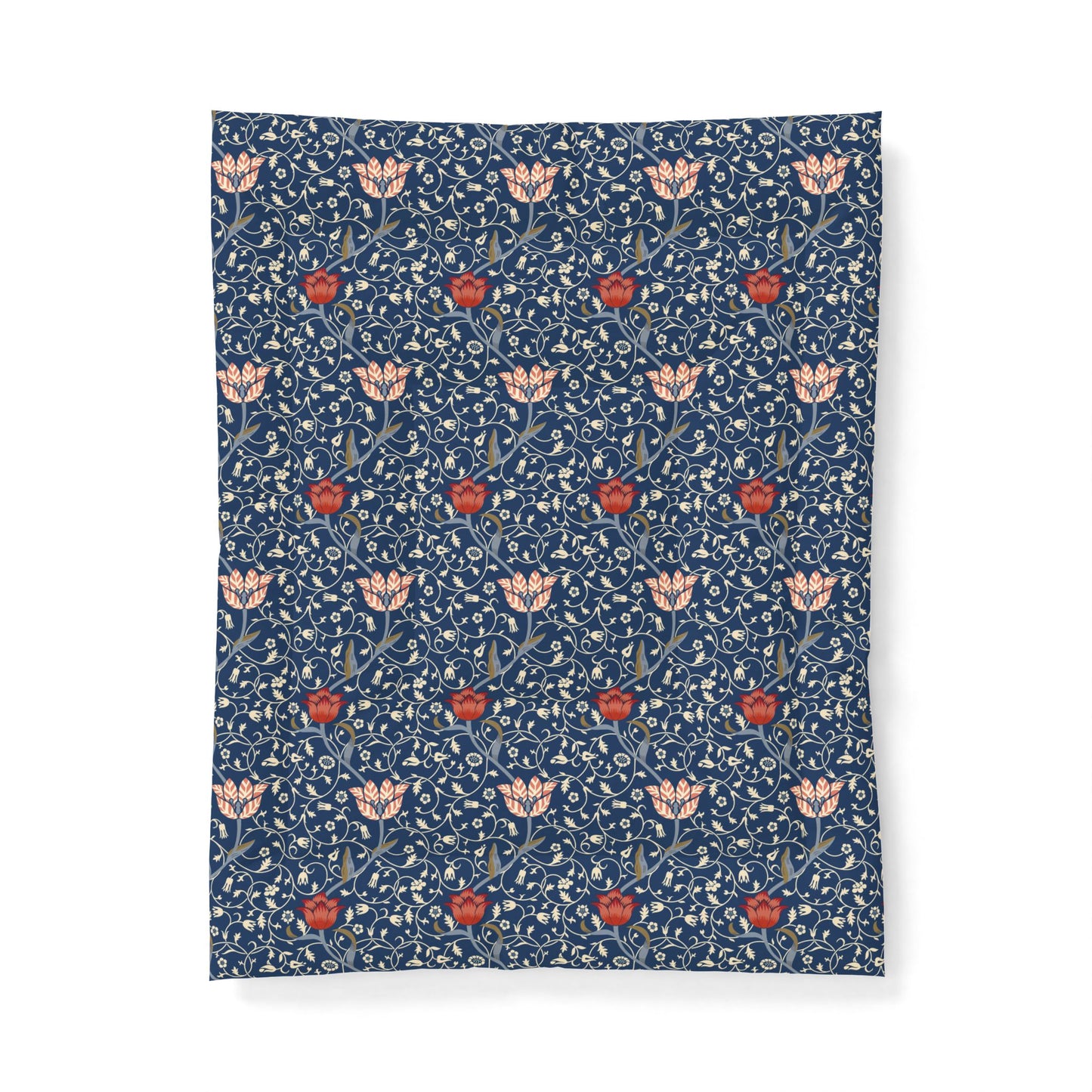 A rectangular textile product, likely a blanket or pillowcase, featuring a classic William Morris-style floral and vine pattern in navy blue, light pink, and red on a white background.