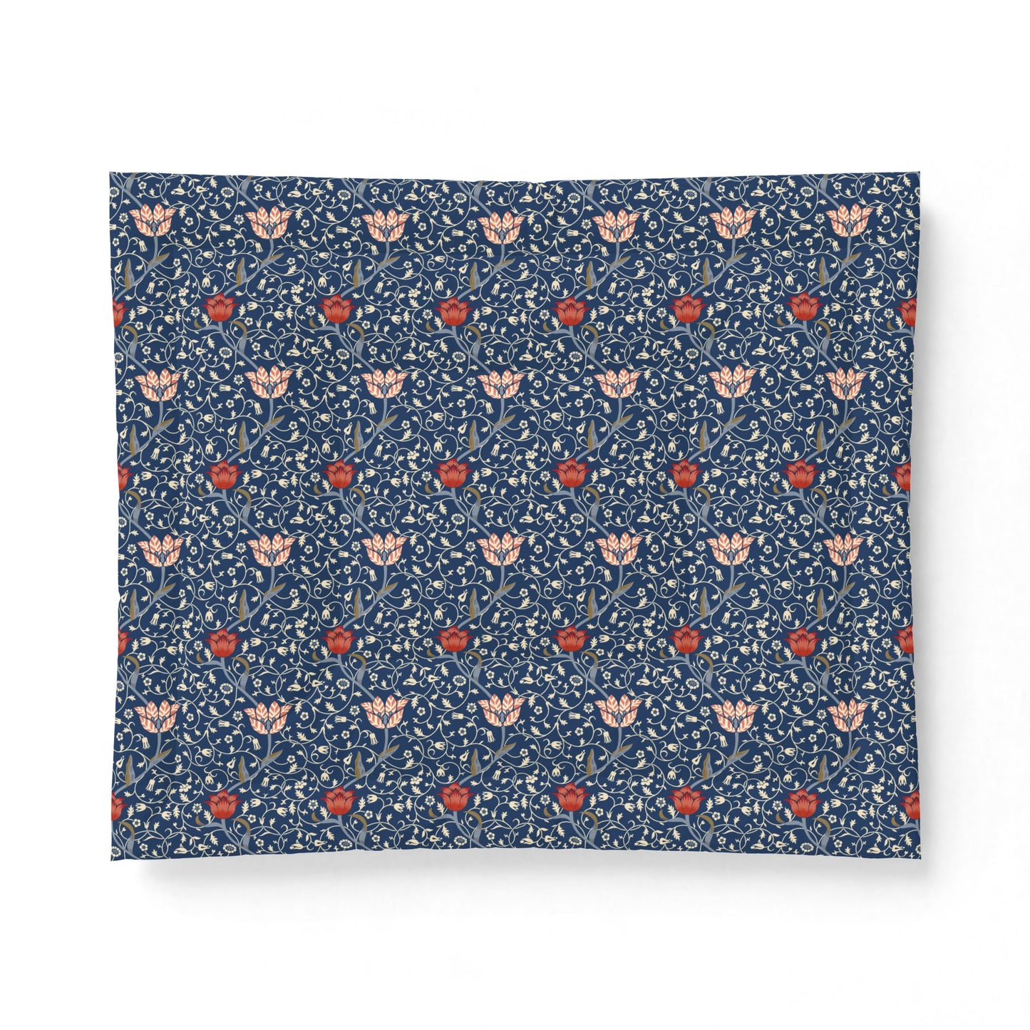 A square fabric or textile sample with a dense floral pattern on a dark blue background, featuring light pink flowers, red blossoms, and small white details. The textile is photographed flat against a clean white background.