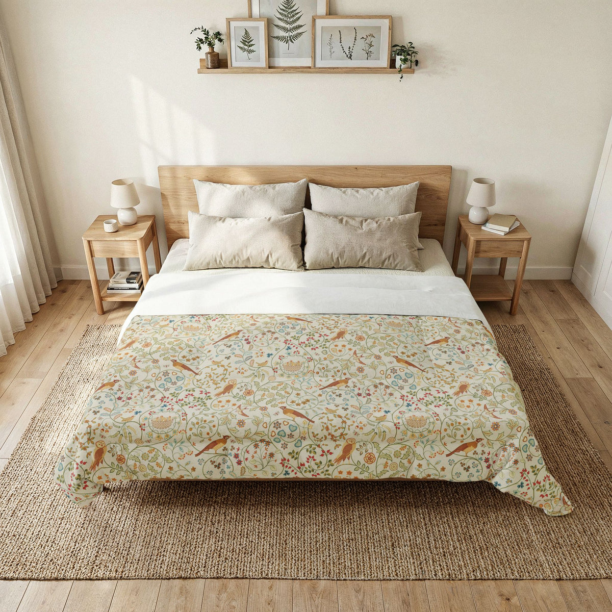 A neatly made bed in a bright, minimalist bedroom, featuring a cream-colored duvet cover with a detailed botanical and bird pattern, styled with neutral beige pillows and white sheets.