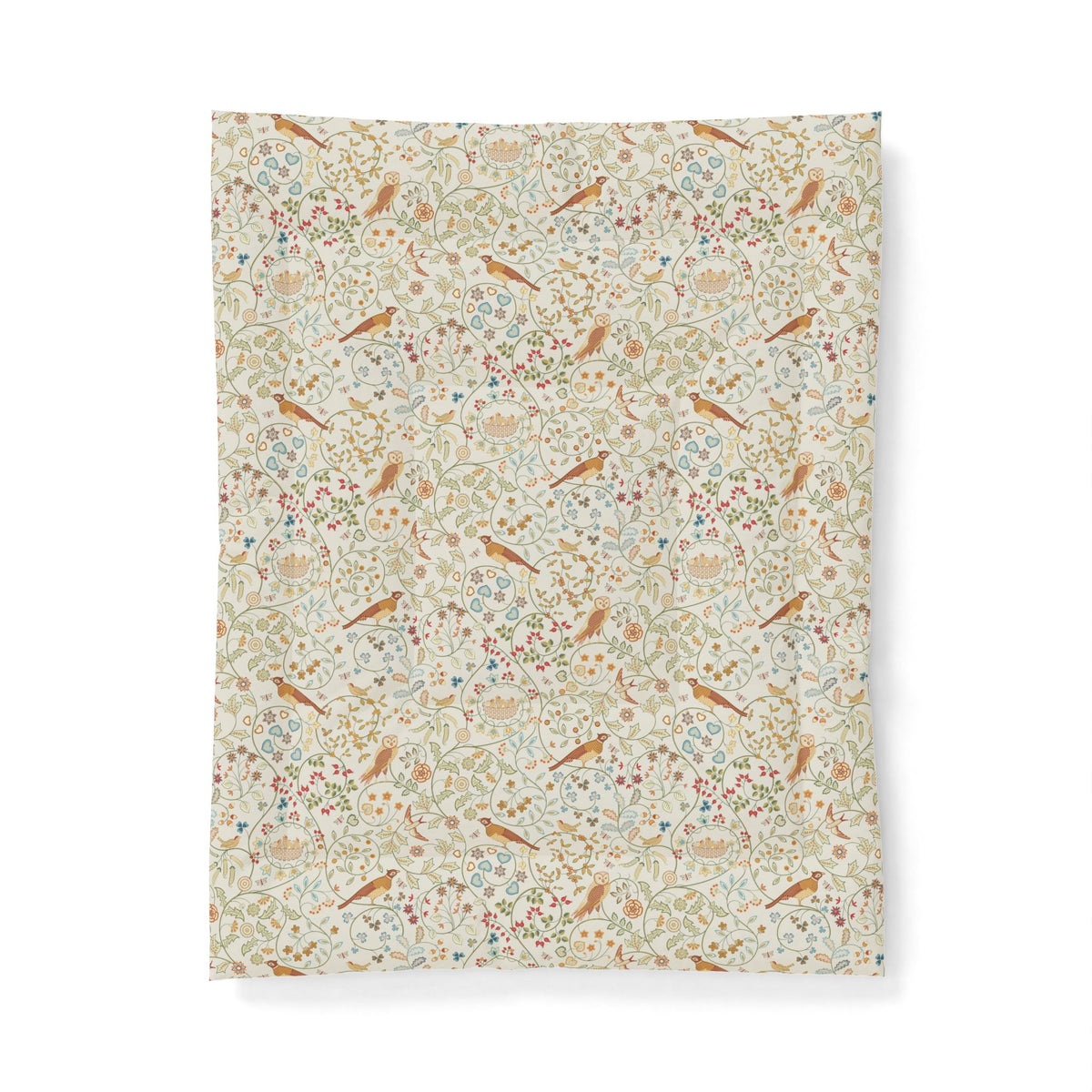 A rectangular fabric cotton comforter with an all-over William Morris-style floral and bird pattern, shown flat against a clean white background.