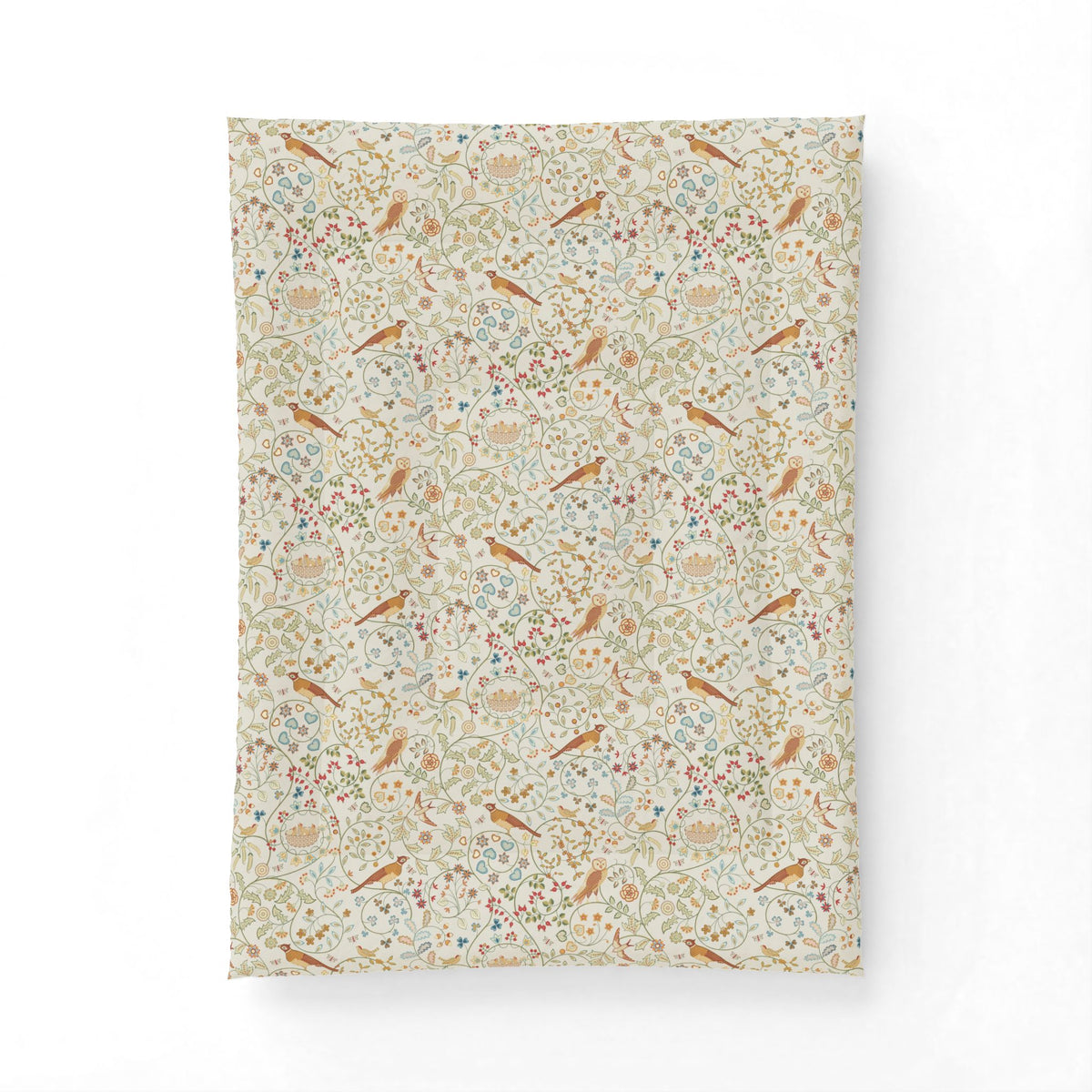 A rectangular cotton comforter,, featuring a dense William Morris-style floral and bird pattern on a warm cream background.