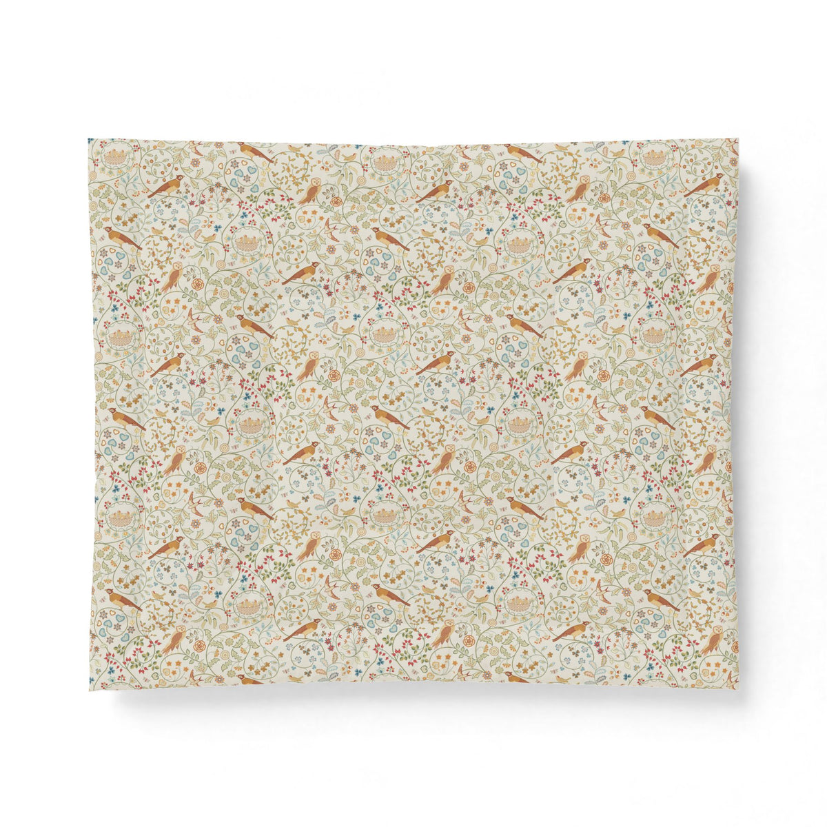A square fabric cotton comforter featuring a dense, vintage-style botanical and bird pattern on a cream background, displayed flat against a clean white background.