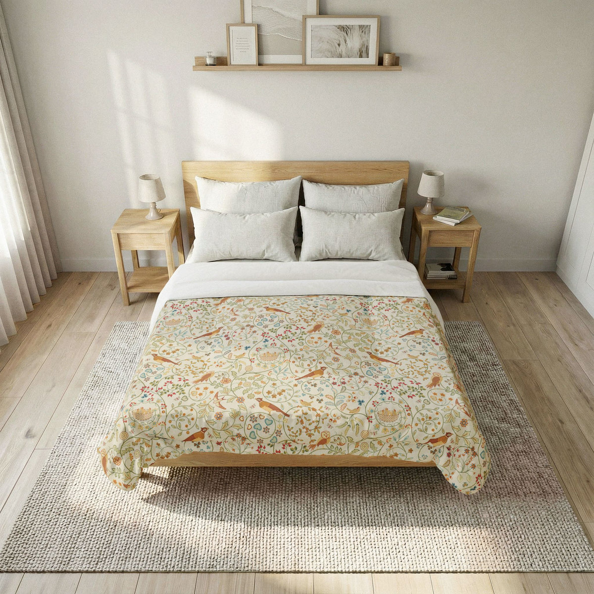 A neatly made bed in a bright, modern bedroom, featuring a light wood frame, white pillows and sheets, and a cream-colored duvet cover decorated with a colorful botanical and bird pattern. The bed is styled symmetrically with matching wooden nightstands, table lamps, and a textured rug on a light wood floor.