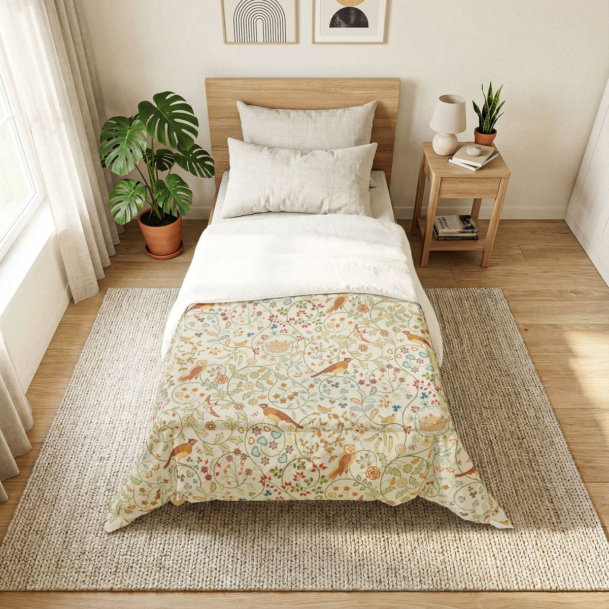 A neatly made single bed in a bright, minimalist bedroom. The bedding features a light cream base with a detailed botanical and bird pattern in muted green, terracotta, and soft blue tones.