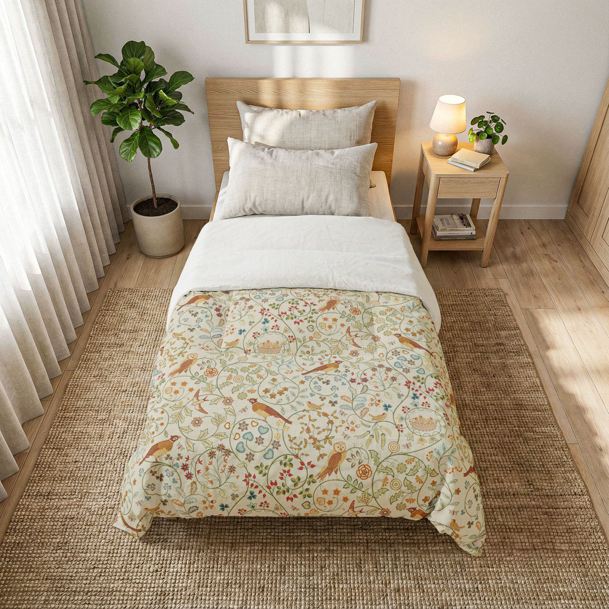 A neatly made single bed in a bright bedroom, featuring a cream and beige floral quilt with a bird and botanical pattern, white pillows and folded back top sheet, a light wood headboard, a woven rug, and a bedside table with a lamp and small plant.