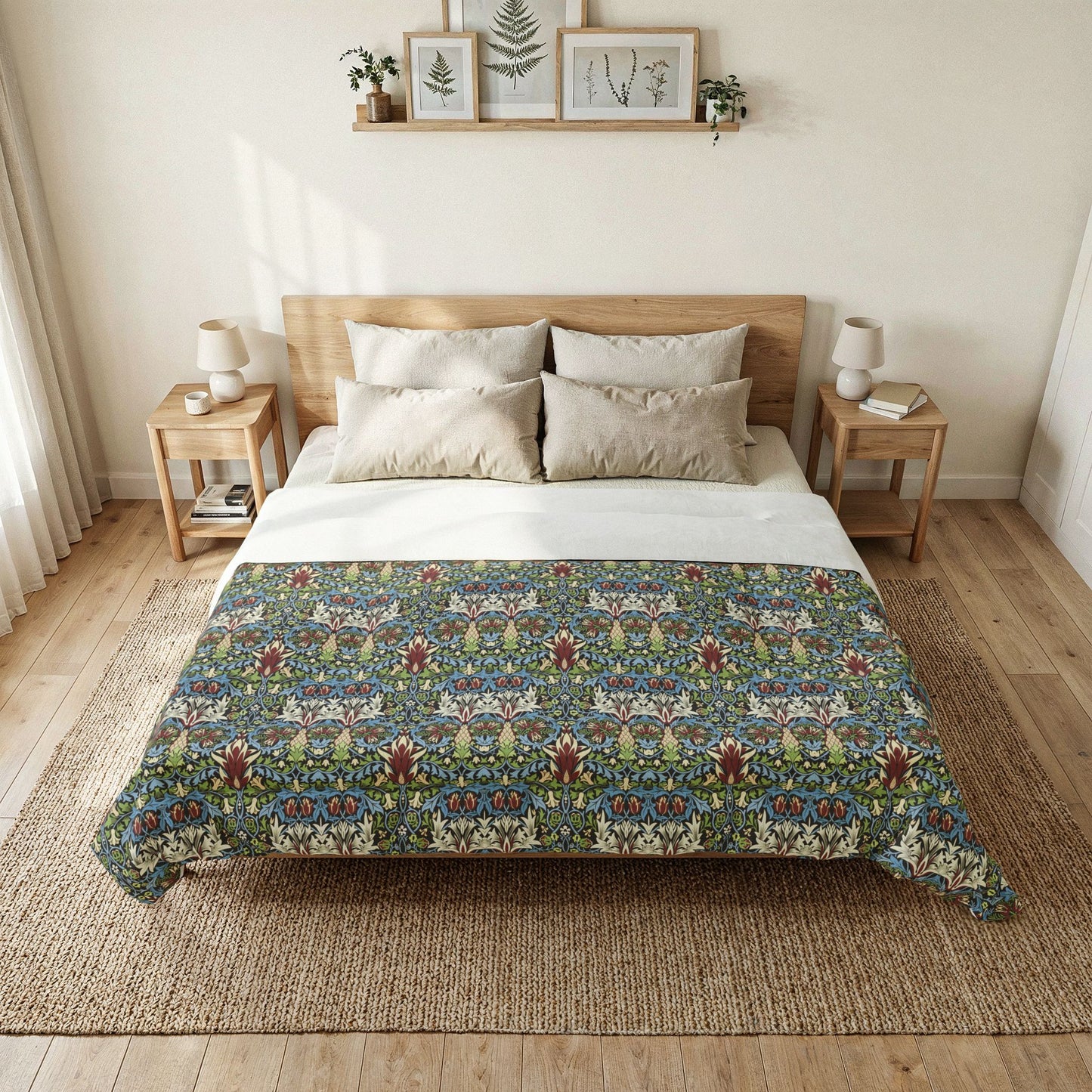 A bed dressed in a white top sheet and a colorful patterned quilt or comforter, styled in a bright, minimalist bedroom with wooden nightstands, lamps, and framed botanical prints on the wall.