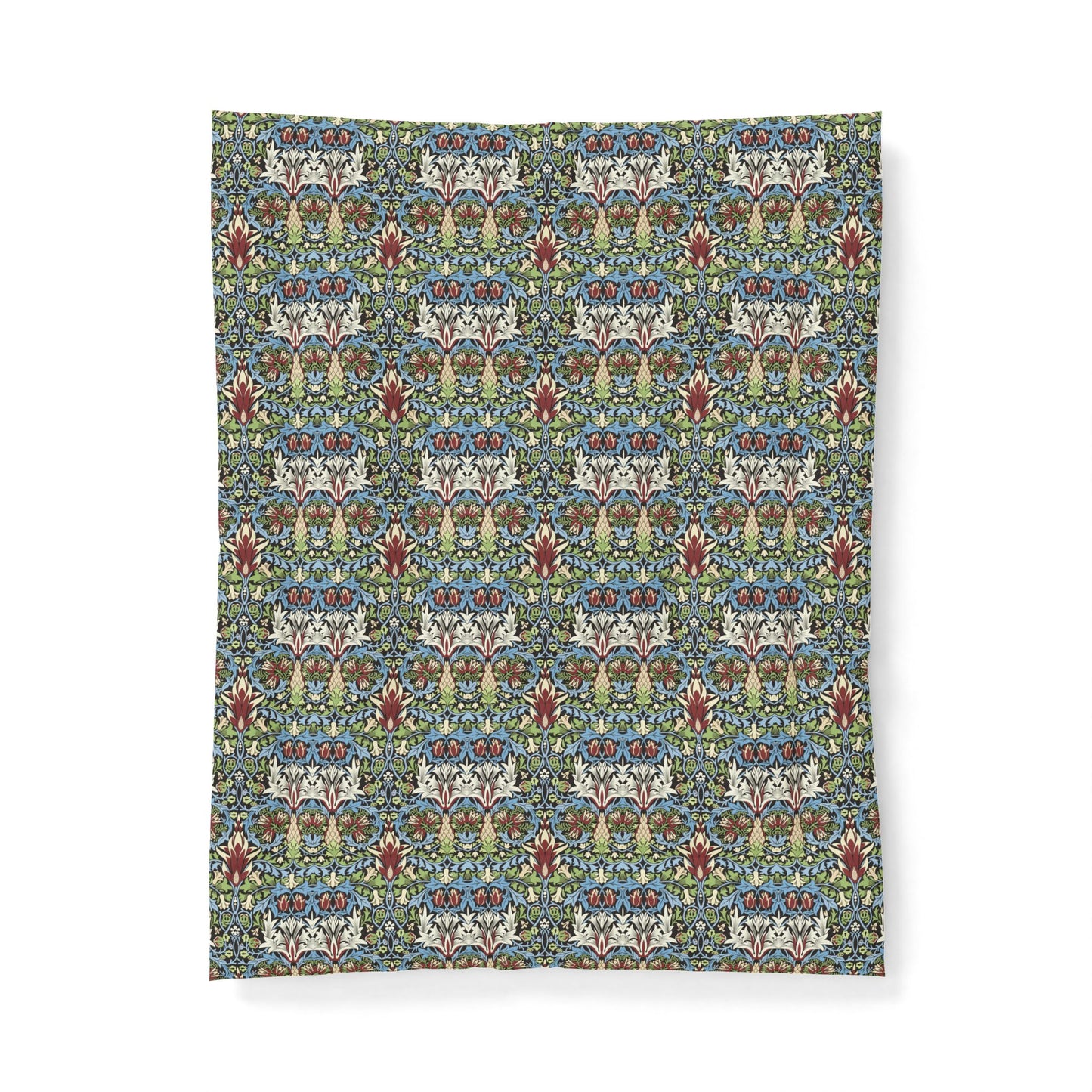Blue patterned fabric swatch on a white background