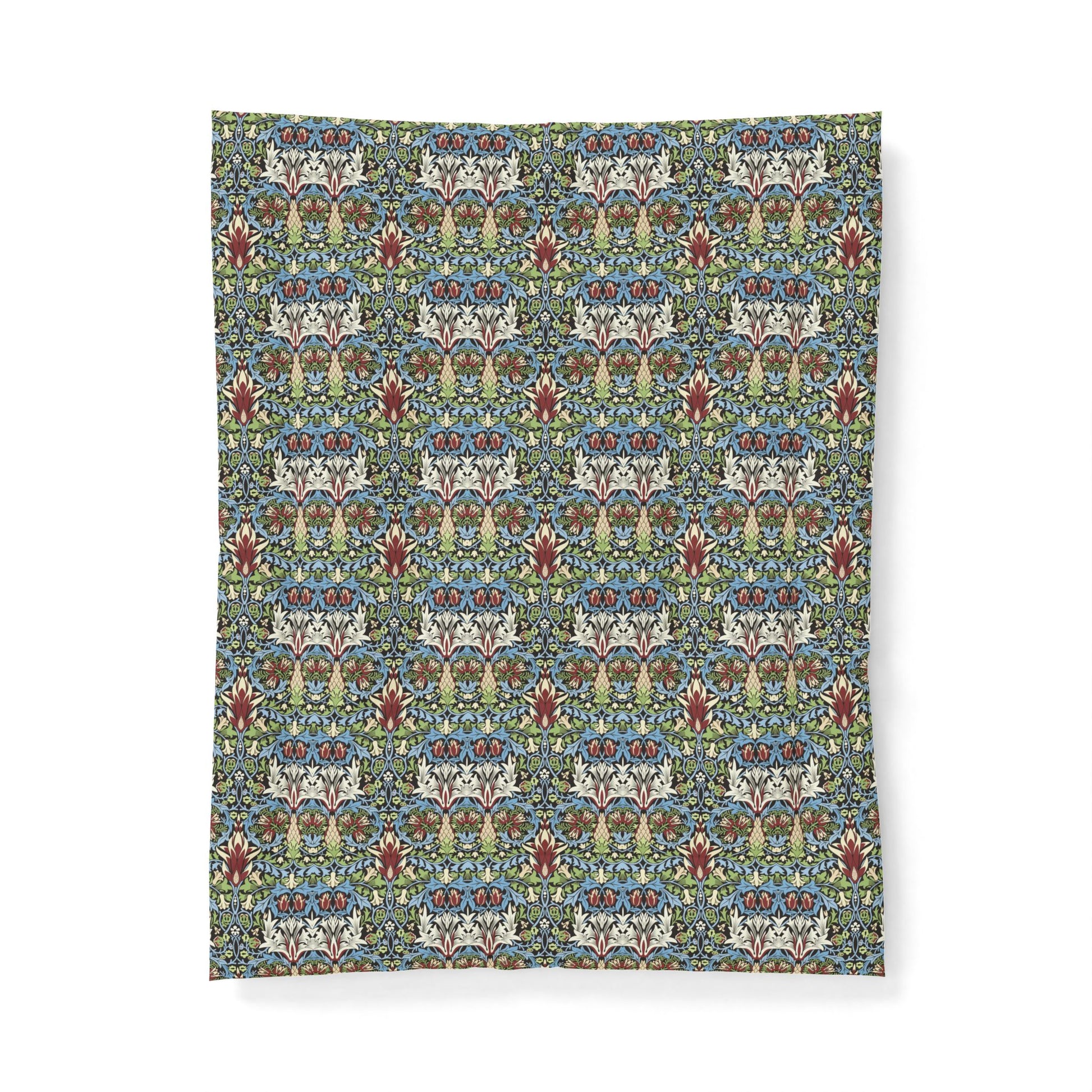 Blue patterned fabric swatch on a white background