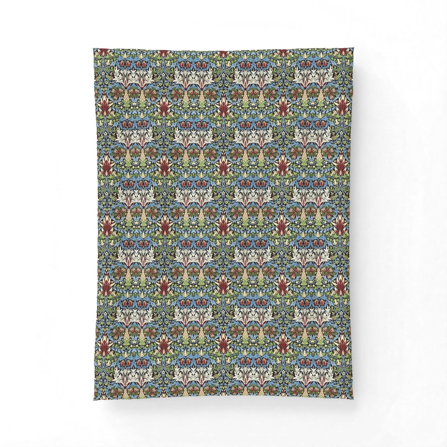 A rectangular textile or fabric panel with an intricate repeating floral and ornamental pattern in muted blue, green, cream, and red tones, shown against a plain white background.