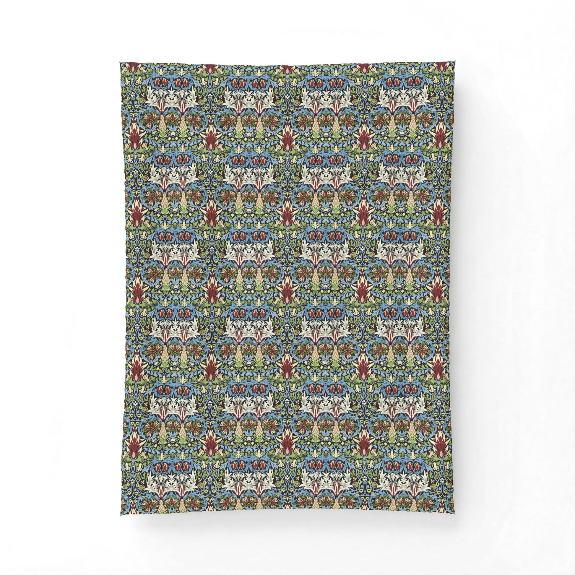 A rectangular textile or fabric panel with an intricate repeating floral and ornamental pattern in muted blue, green, cream, and red tones, shown against a plain white background.
