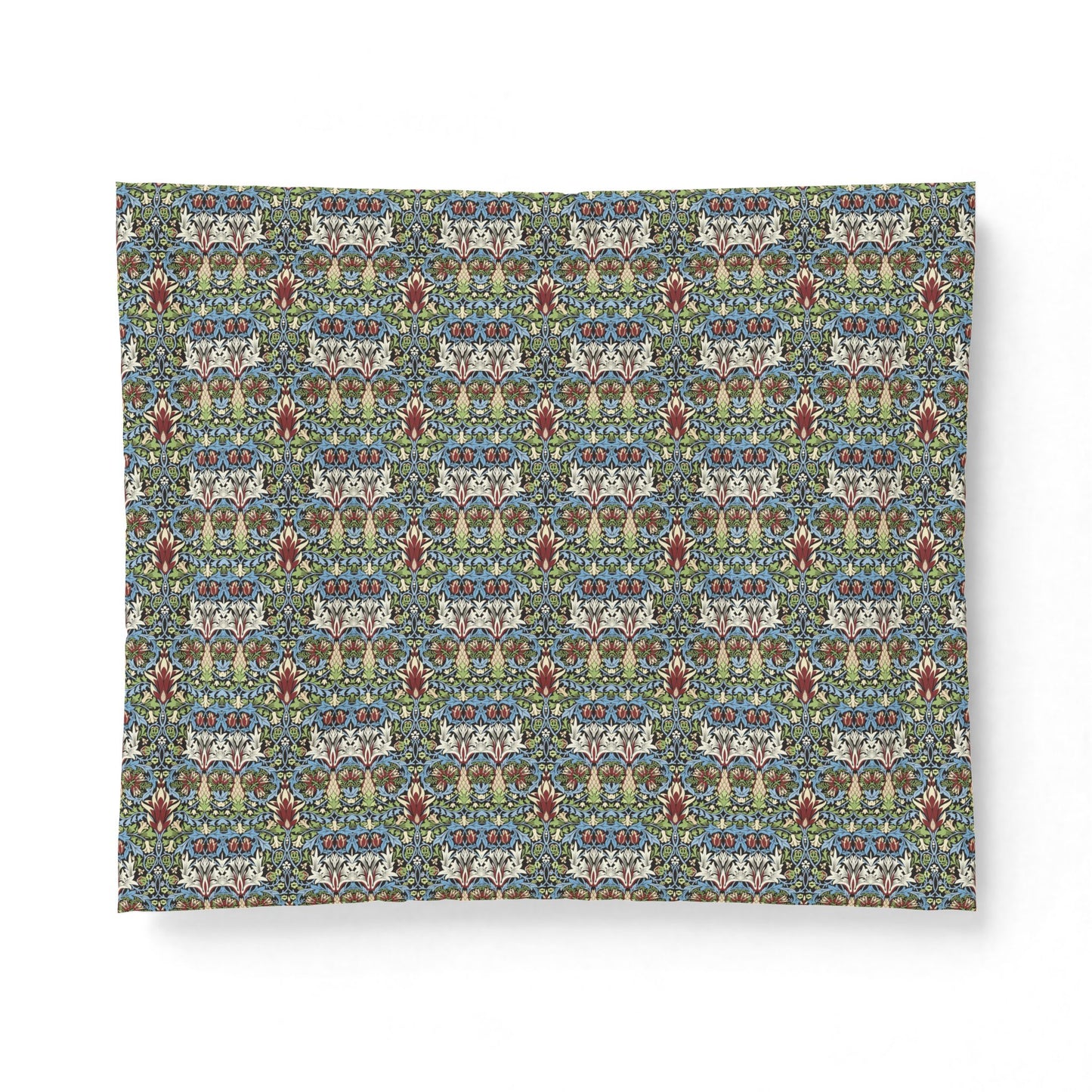 A square fabric or paper sheet with a dense, symmetrical floral and ornamental pattern in muted blue, green, beige, red, and white, shown against a plain white background.