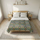 Bedroom with a wooden bed and geometric patterned duvet
