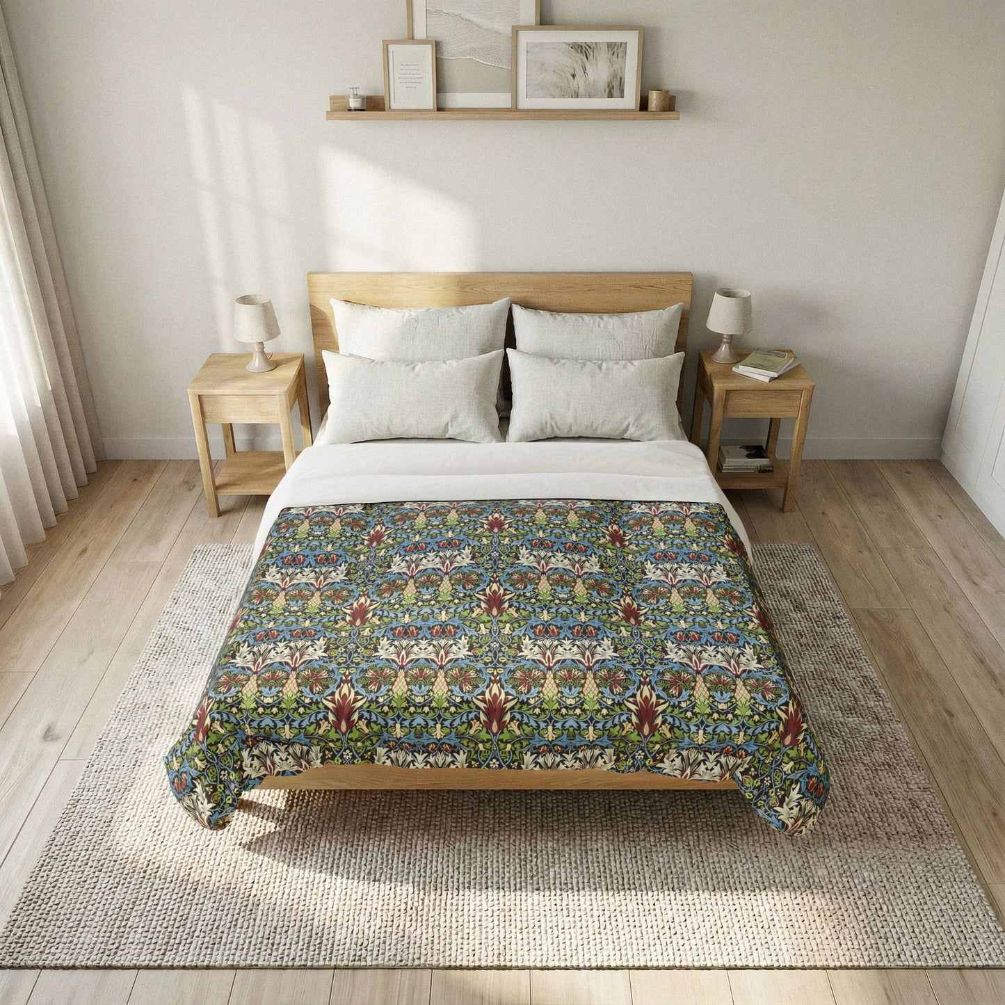 Bedroom with a wooden bed and geometric patterned duvet