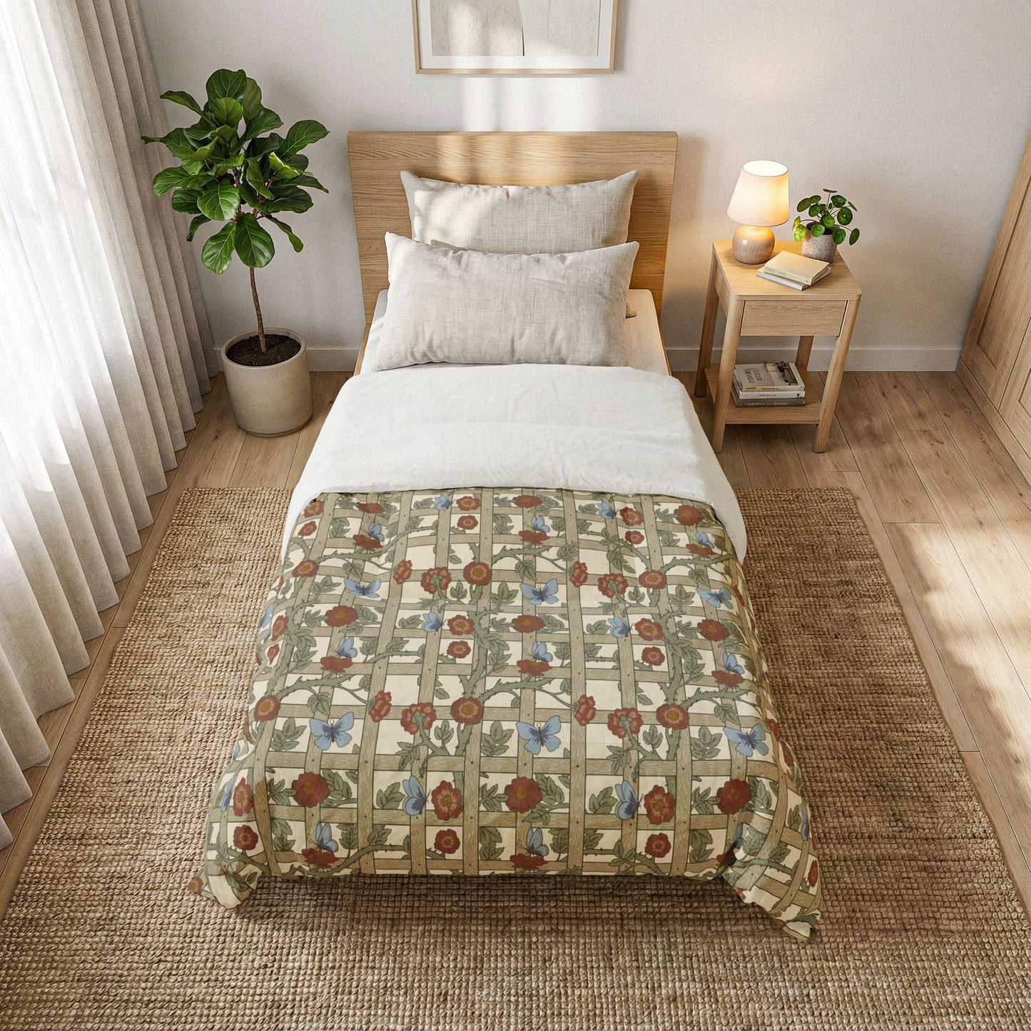 Bedroom with a floral-patterned comforter on a bed, nightstand, and plant.