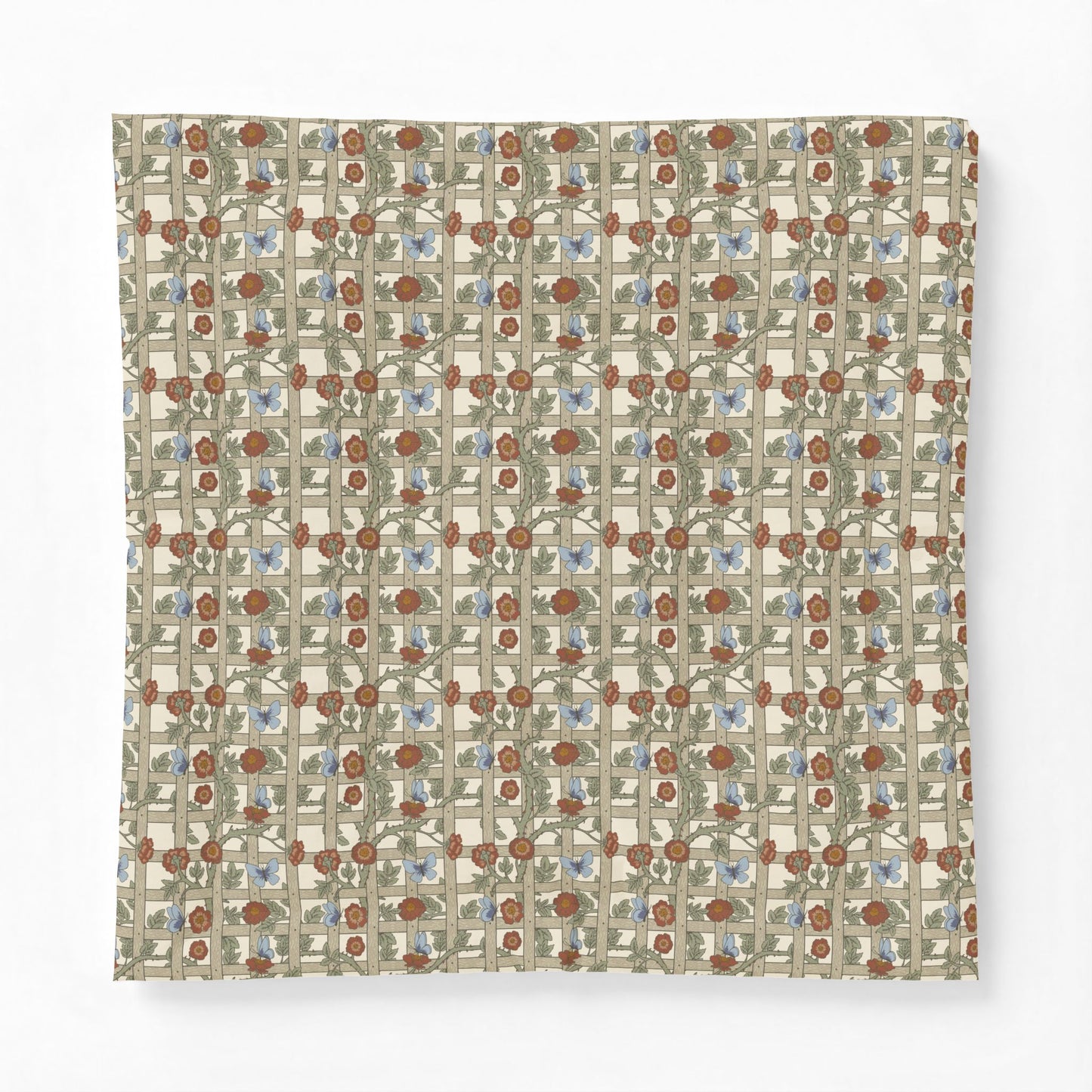 Patterned fabric swatch with geometric design on a white background