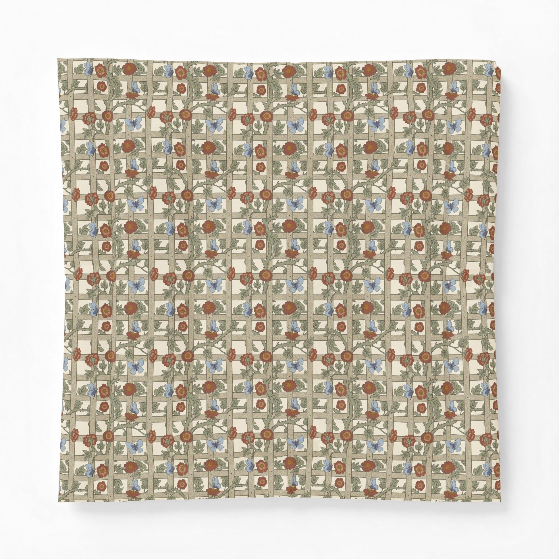 Patterned fabric swatch with geometric design on a white background
