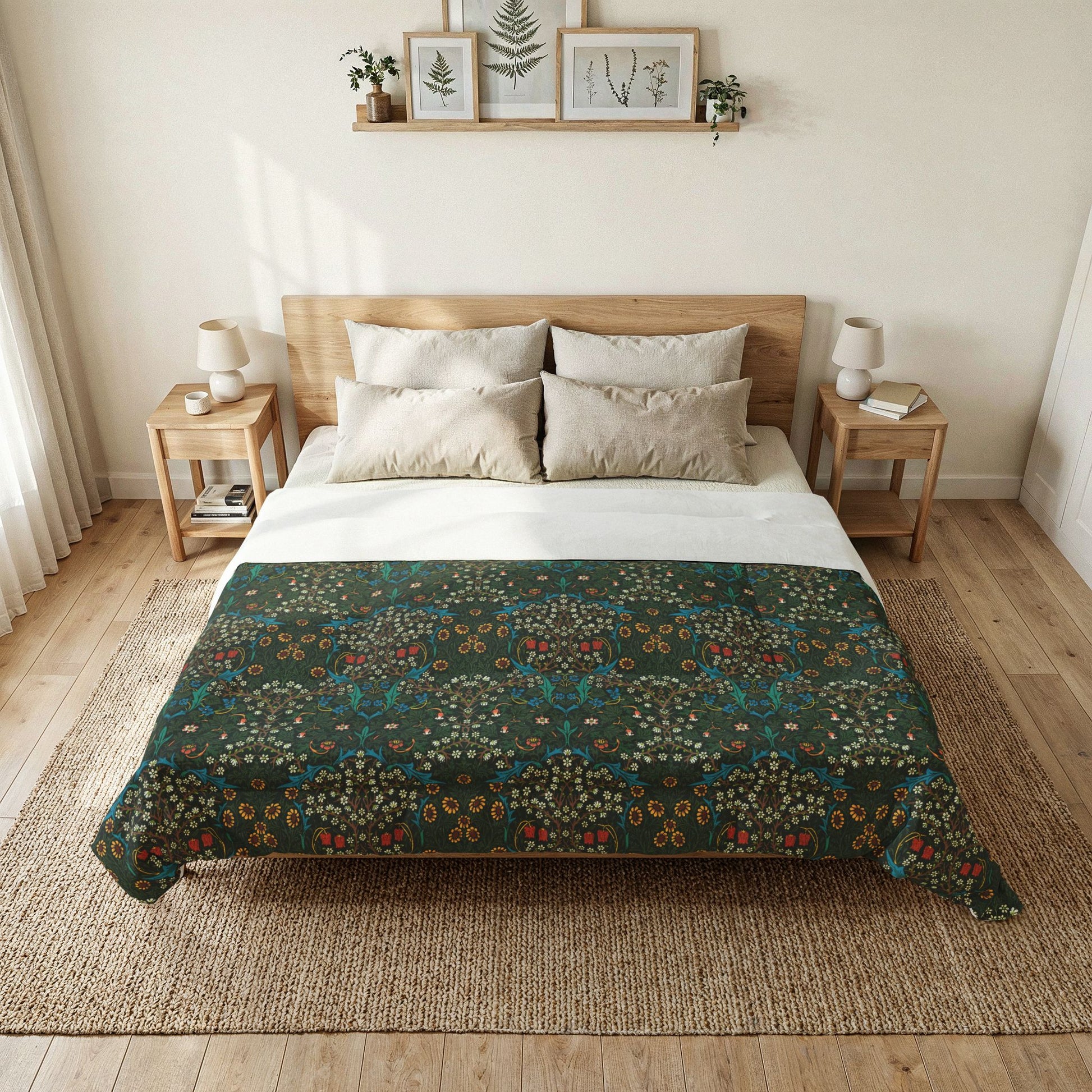 Bedroom with a bed featuring a decorative quilt and pillows.