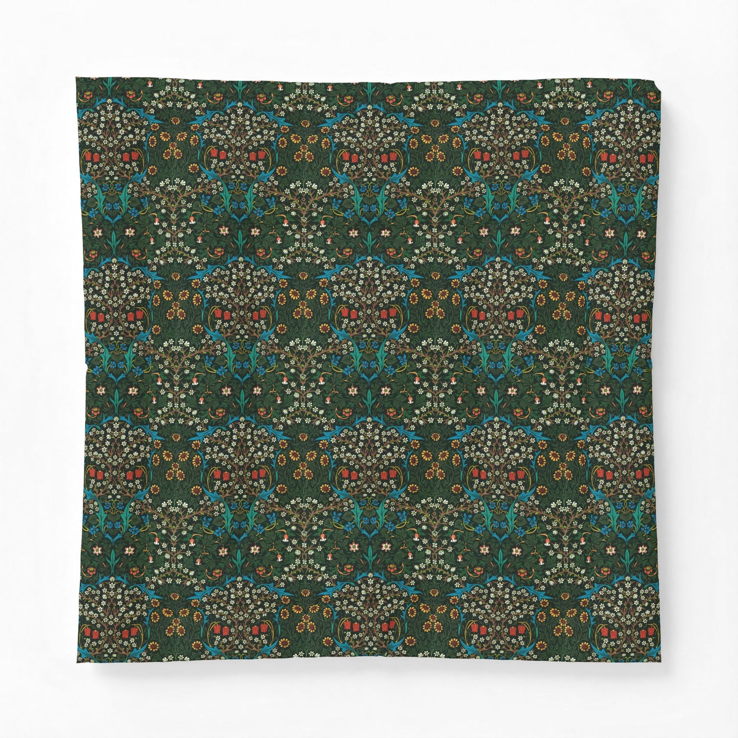 A square fabric item, likely a bandana or pocket square, featuring a dense, symmetrical Victorian floral and botanical pattern in dark green, teal, cream, and rust red on a white background.