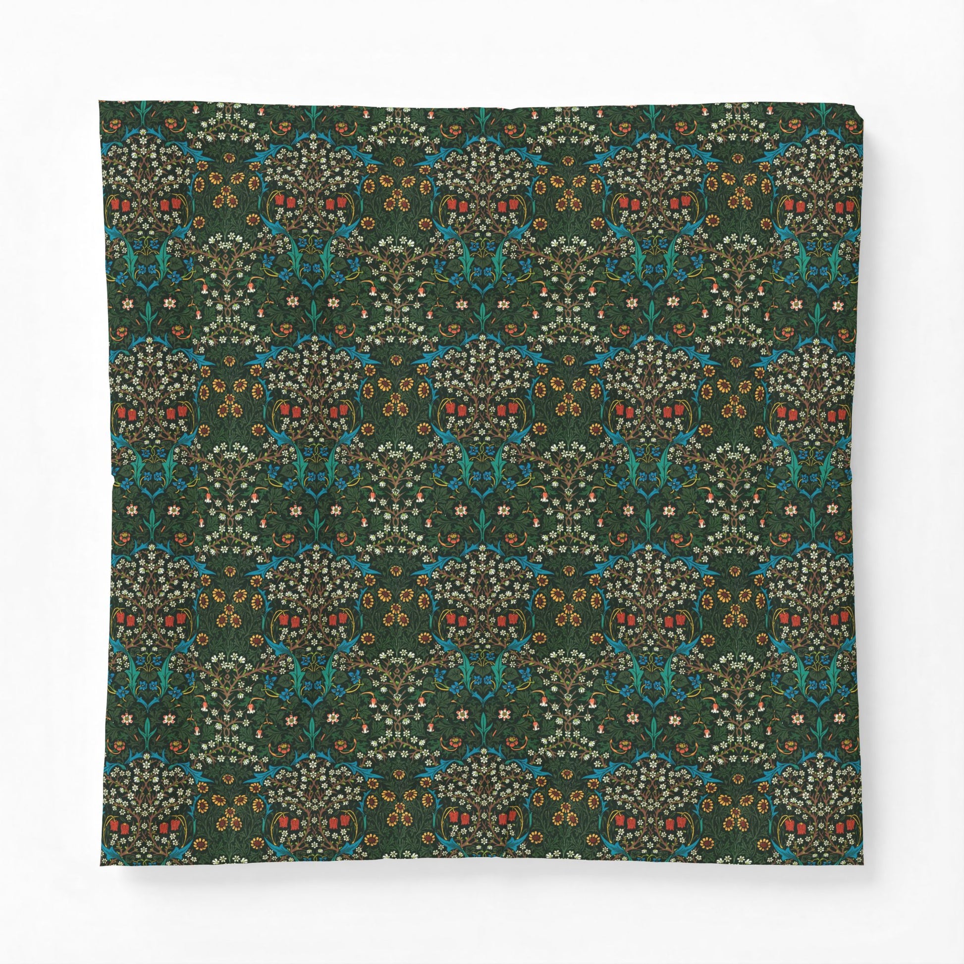 A square fabric item, likely a bandana or pocket square, featuring a dense, symmetrical Victorian floral and botanical pattern in dark green, teal, cream, and rust red on a white background.