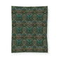 A rectangular fabric panel or tapestry featuring an intricate, symmetrical botanical damask pattern in dark green, teal, cream, and rust red, shown flat against a white background.
