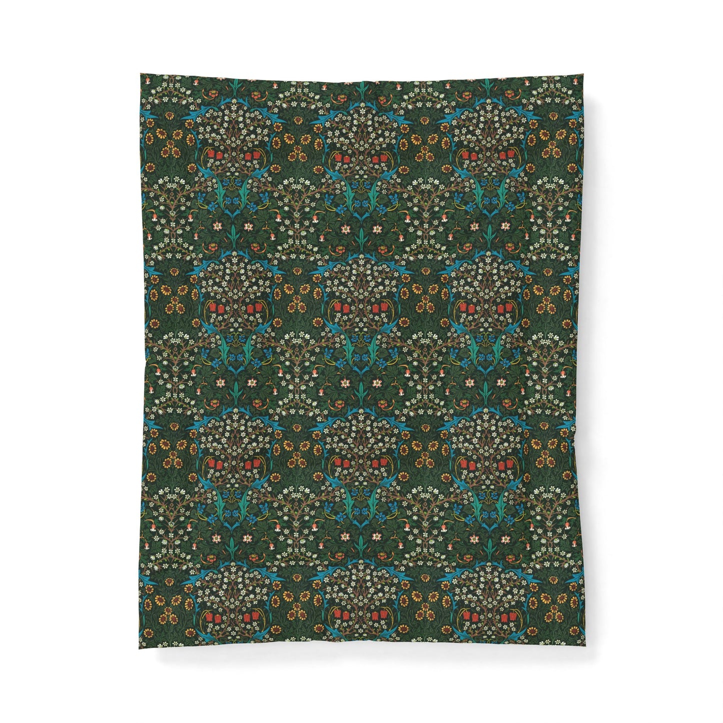 A rectangular fabric panel or tapestry featuring an intricate, symmetrical botanical damask pattern in dark green, teal, cream, and rust red, shown flat against a white background.