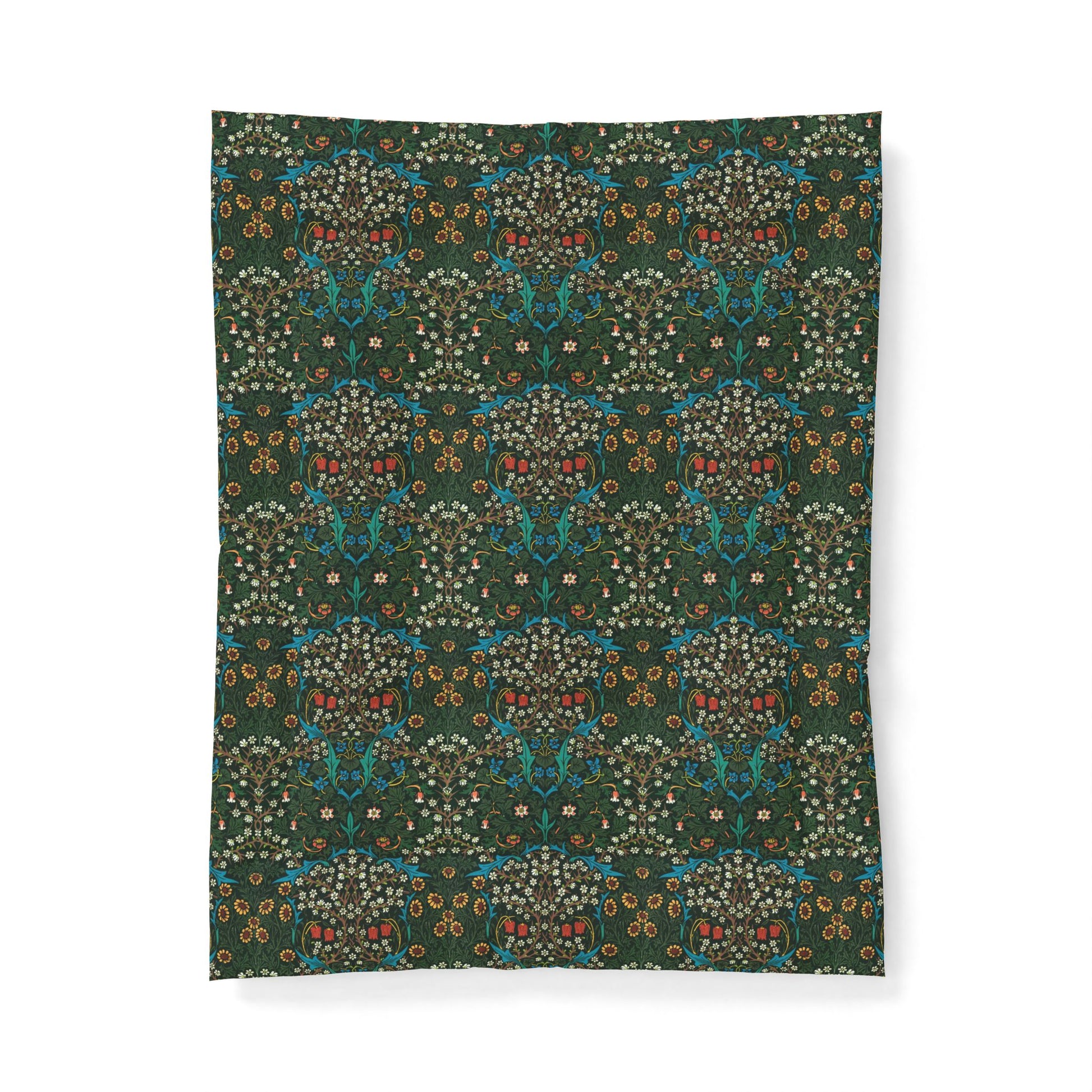 A rectangular fabric panel or tapestry featuring an intricate, symmetrical botanical damask pattern in dark green, teal, cream, and rust red, shown flat against a white background.