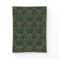 A rectangular fabric wall tapestry featuring an intricate vintage botanical damask pattern in dark green, teal, gold, and rust red, shown hanging against a plain white wall.