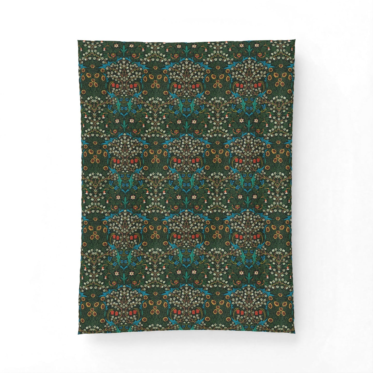 A rectangular fabric wall tapestry featuring an intricate vintage botanical damask pattern in dark green, teal, gold, and rust red, shown hanging against a plain white wall.