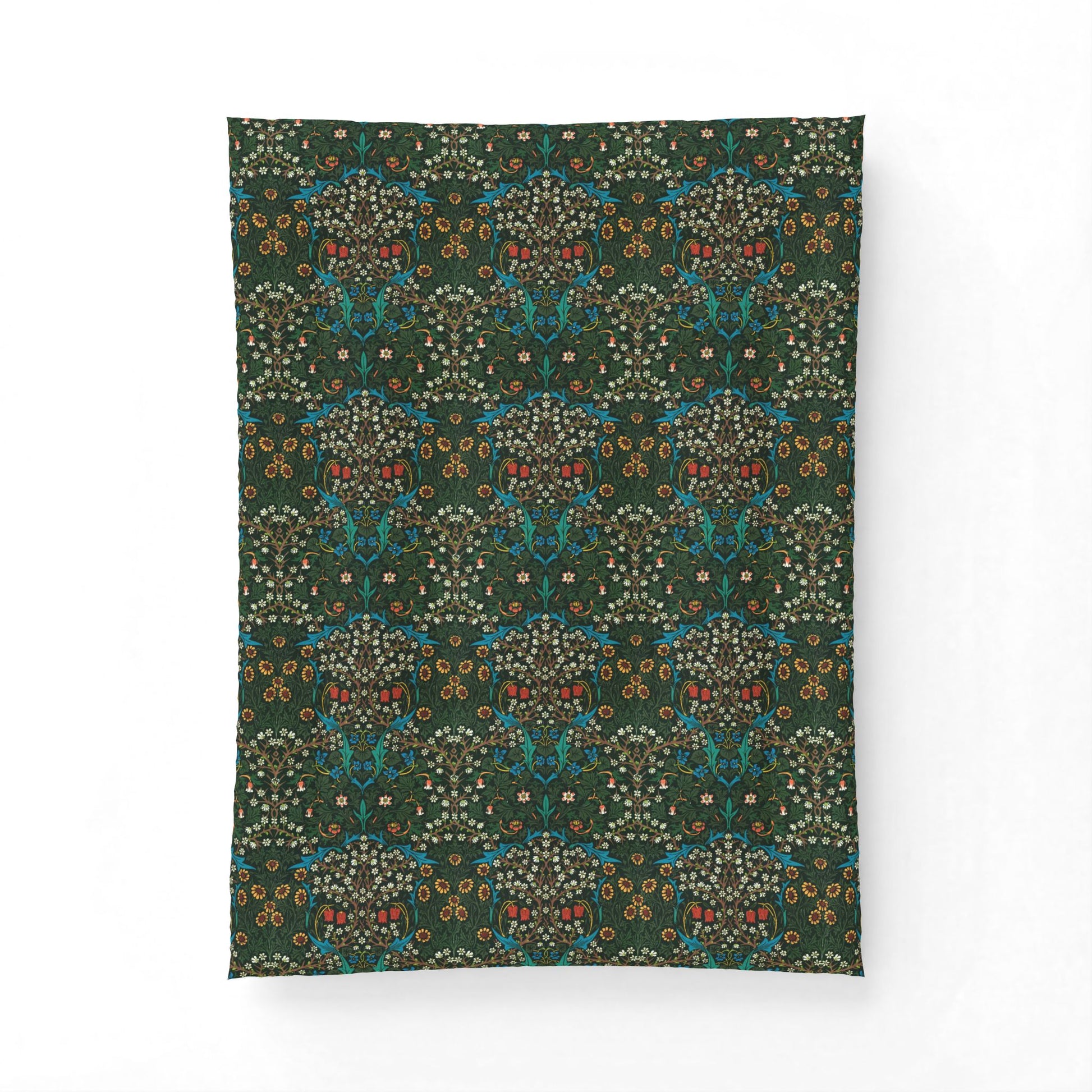 A rectangular fabric wall tapestry featuring an intricate vintage botanical damask pattern in dark green, teal, gold, and rust red, shown hanging against a plain white wall.