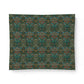 A rectangular fabric or wallpaper sample with a repeating ornate floral and botanical pattern in dark green, teal, cream, and rust tones, shown against a plain white background.
