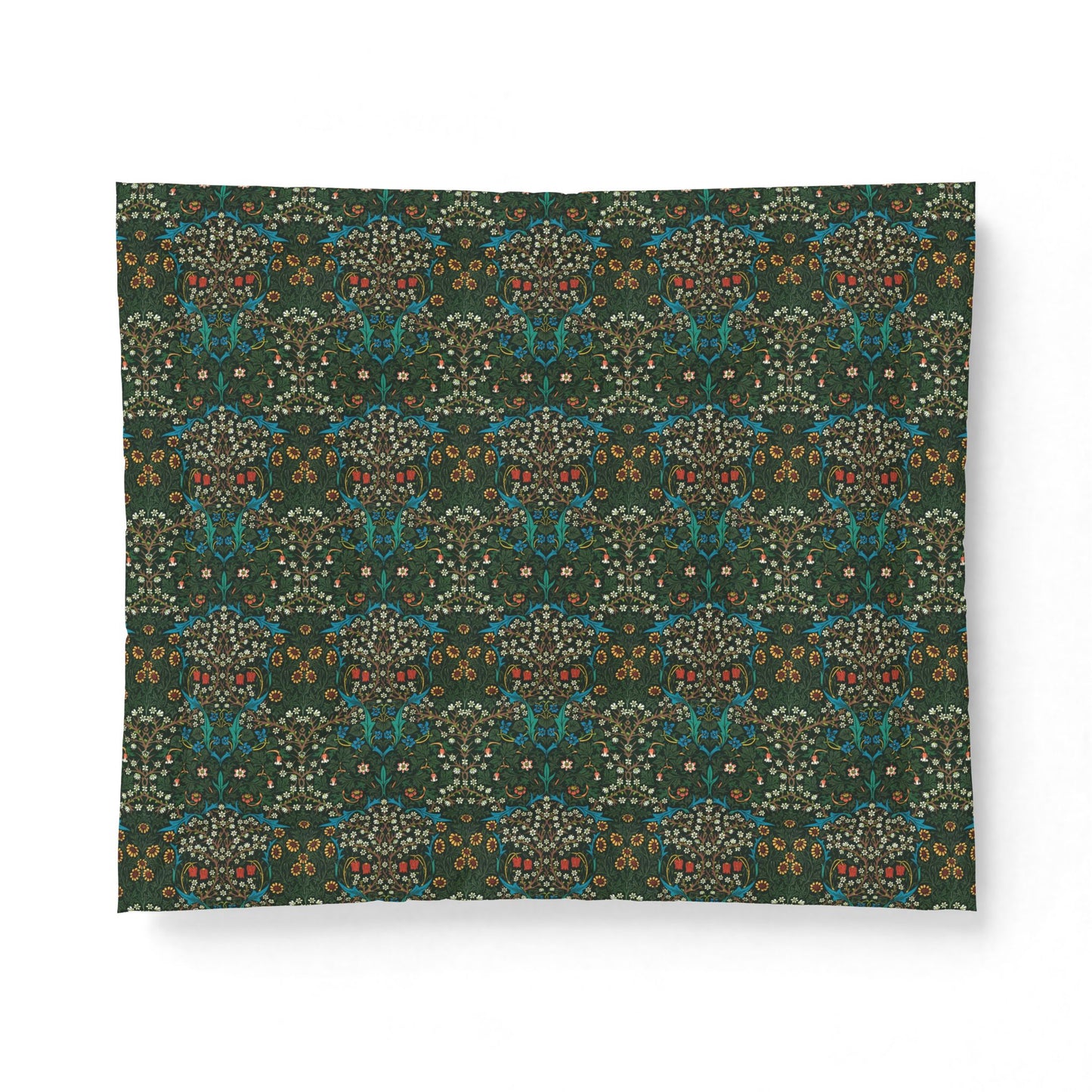 A rectangular fabric or wallpaper sample with a repeating ornate floral and botanical pattern in dark green, teal, cream, and rust tones, shown against a plain white background.