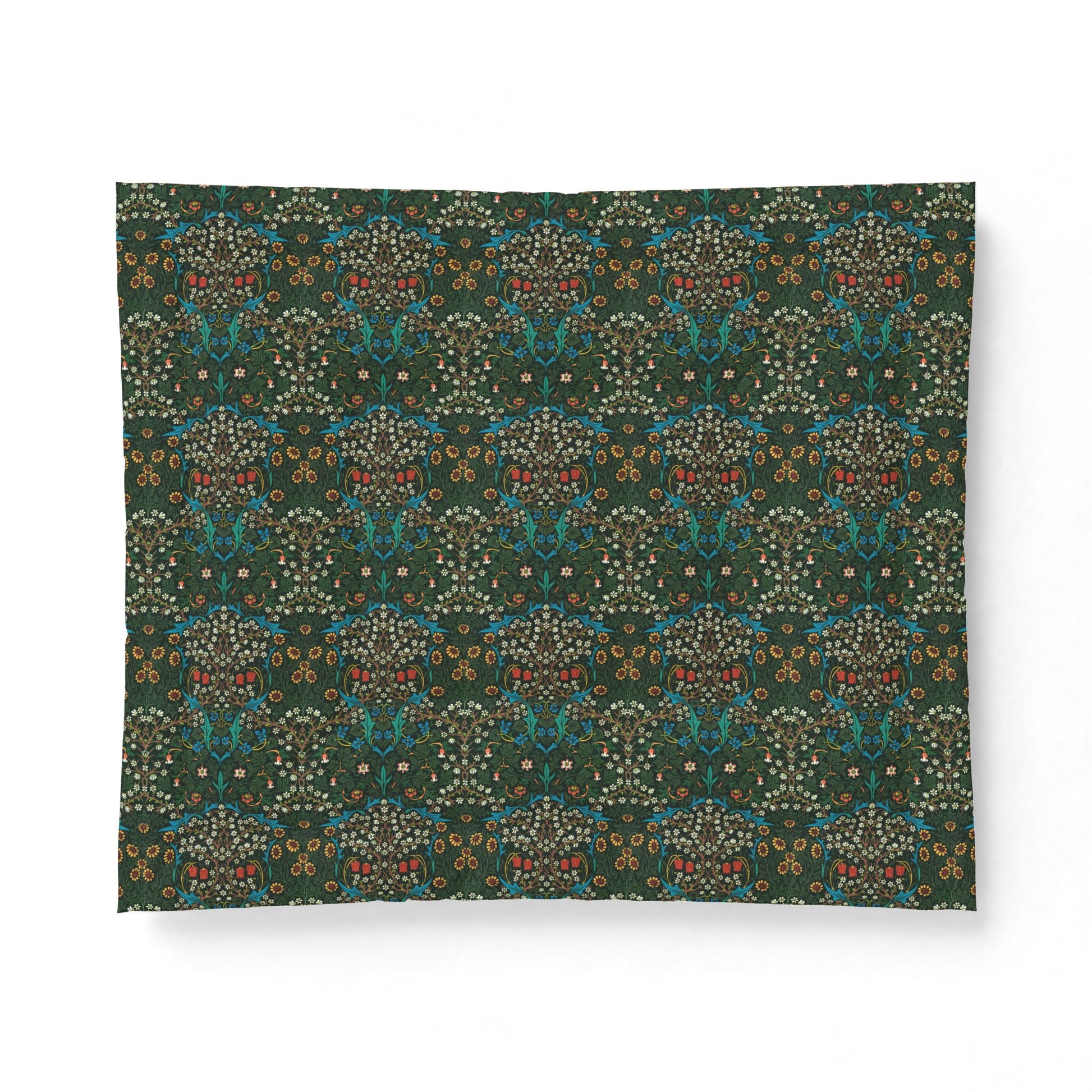 A rectangular fabric or wallpaper sample with a repeating ornate floral and botanical pattern in dark green, teal, cream, and rust tones, shown against a plain white background.