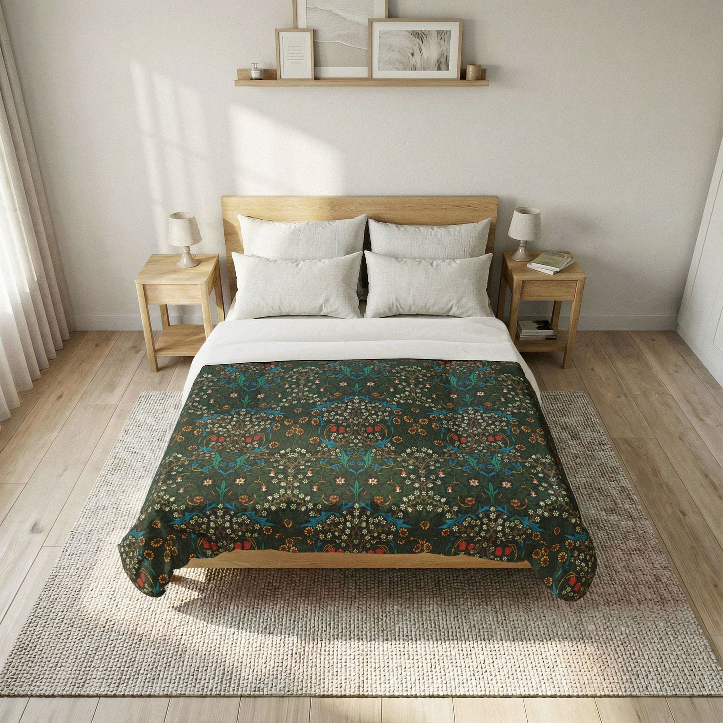Bedroom with a wooden bed frame, plaid comforter, and nightstands.