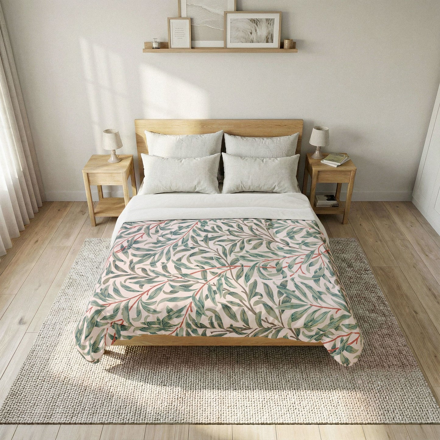 Bedroom with a bed featuring a leaf-patterned duvet cover, wooden headboard, and nightstands.