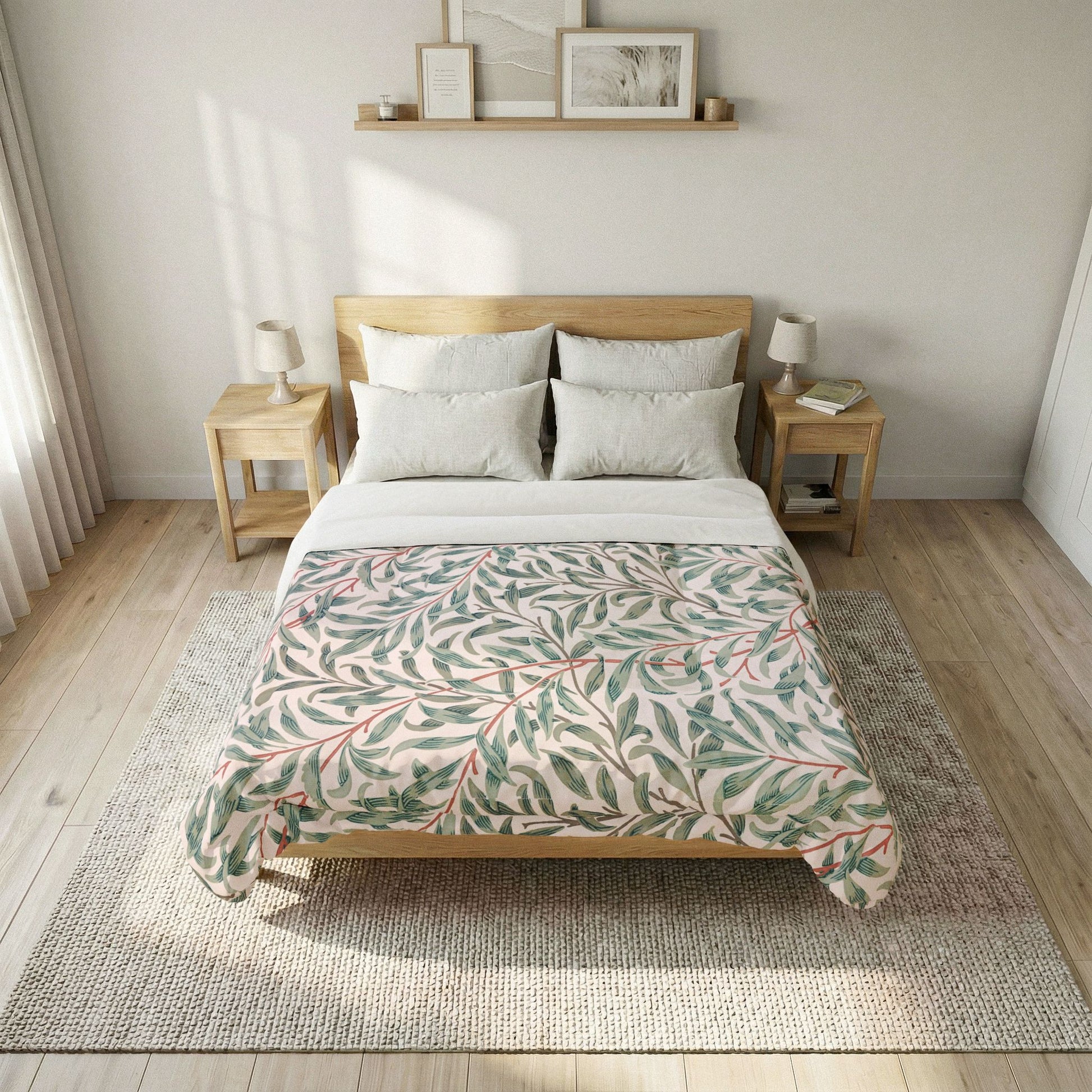 Bedroom with a bed featuring a leaf-patterned duvet cover, wooden headboard, and nightstands.