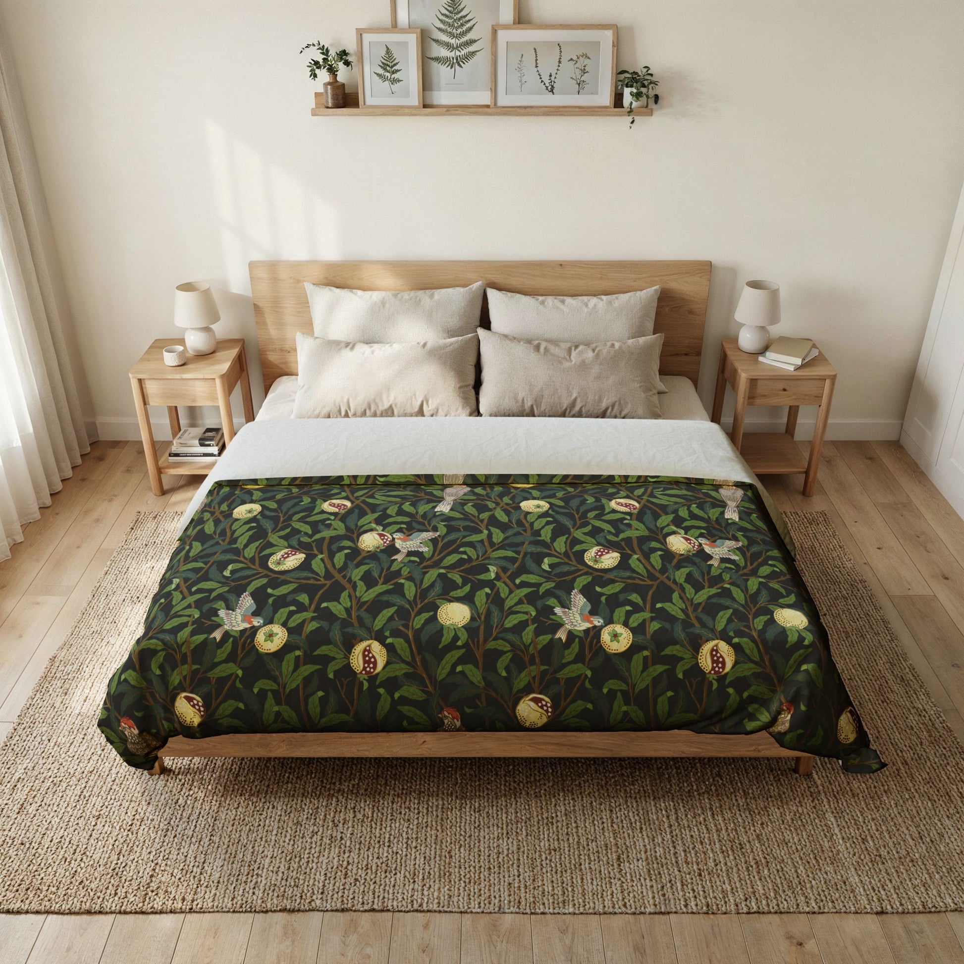 Bedroom with a bed featuring a green floral patterned duvet cover.