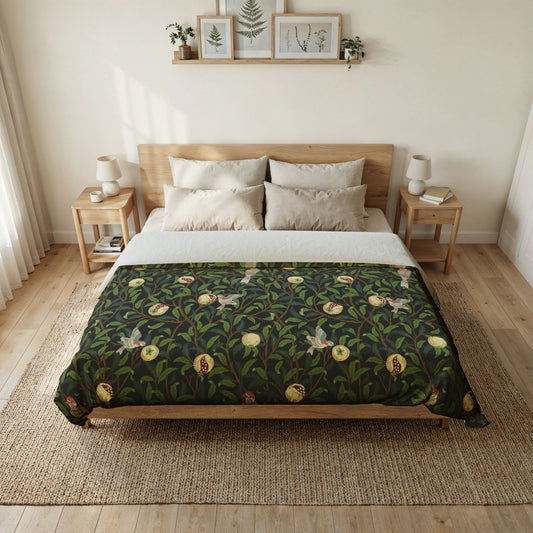 Bedroom with a bed featuring a green floral patterned duvet cover.