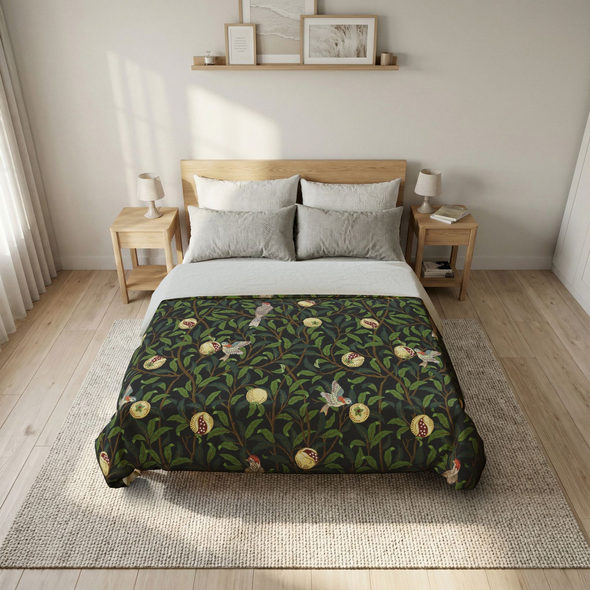 Bed with black floral patterned comforter in a bedroom setting