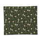 Patterned cotton fabric duvet cover with birds and flowers on a dark green background