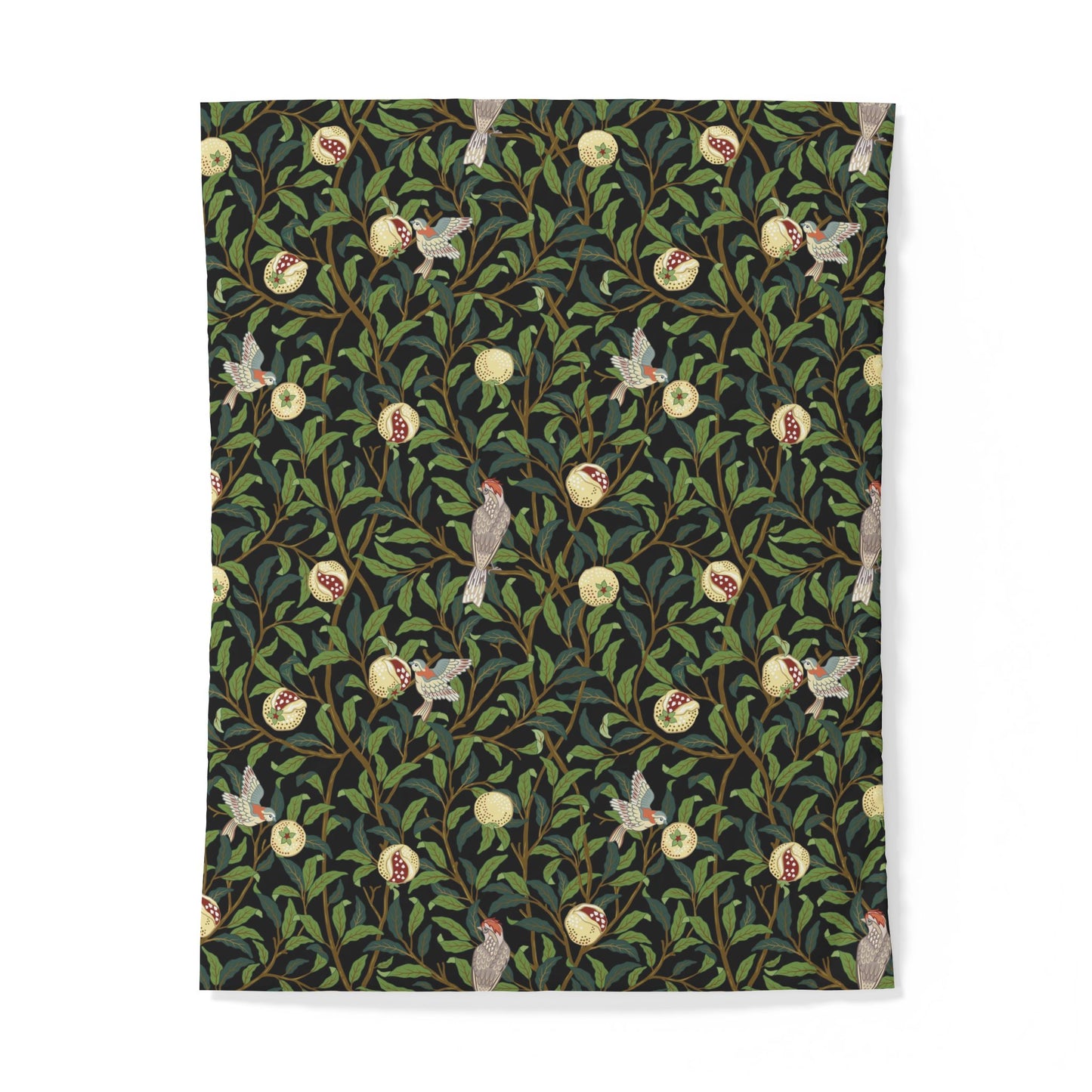 Patterned cotton duvet cover with birds and leaves on a white background