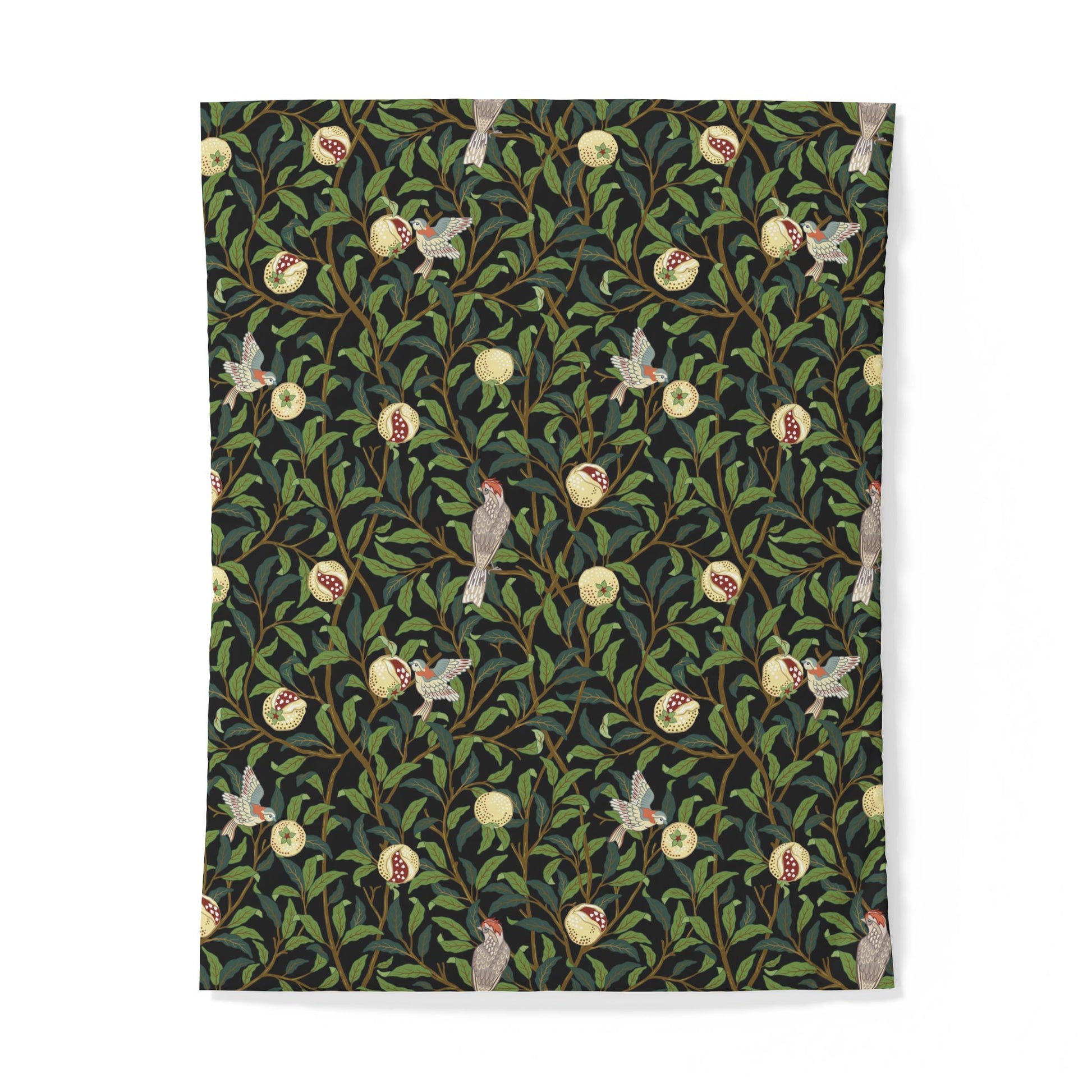 Patterned cotton duvet cover with birds and leaves on a white background