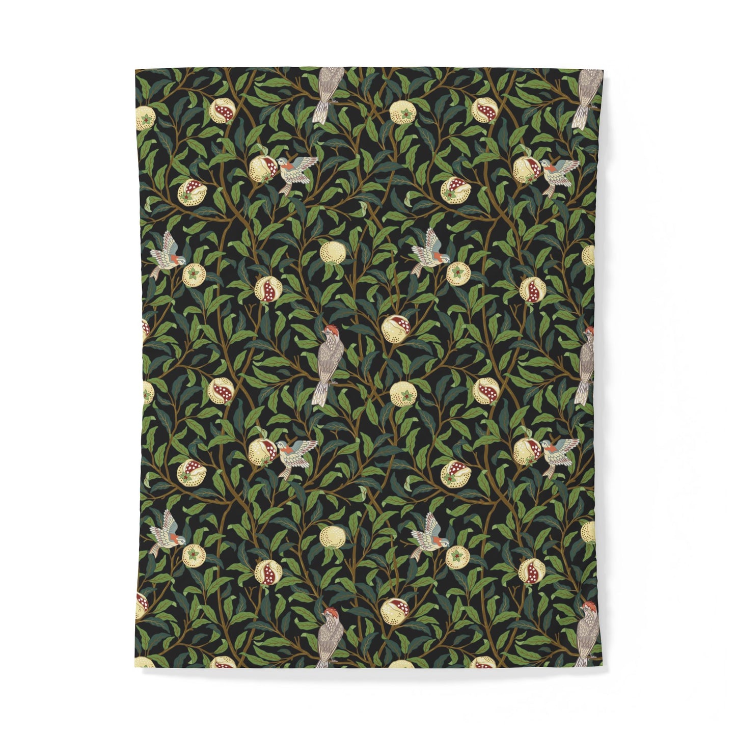 Patterned cotton fabric duvet cover with birds and leaves on a dark green background