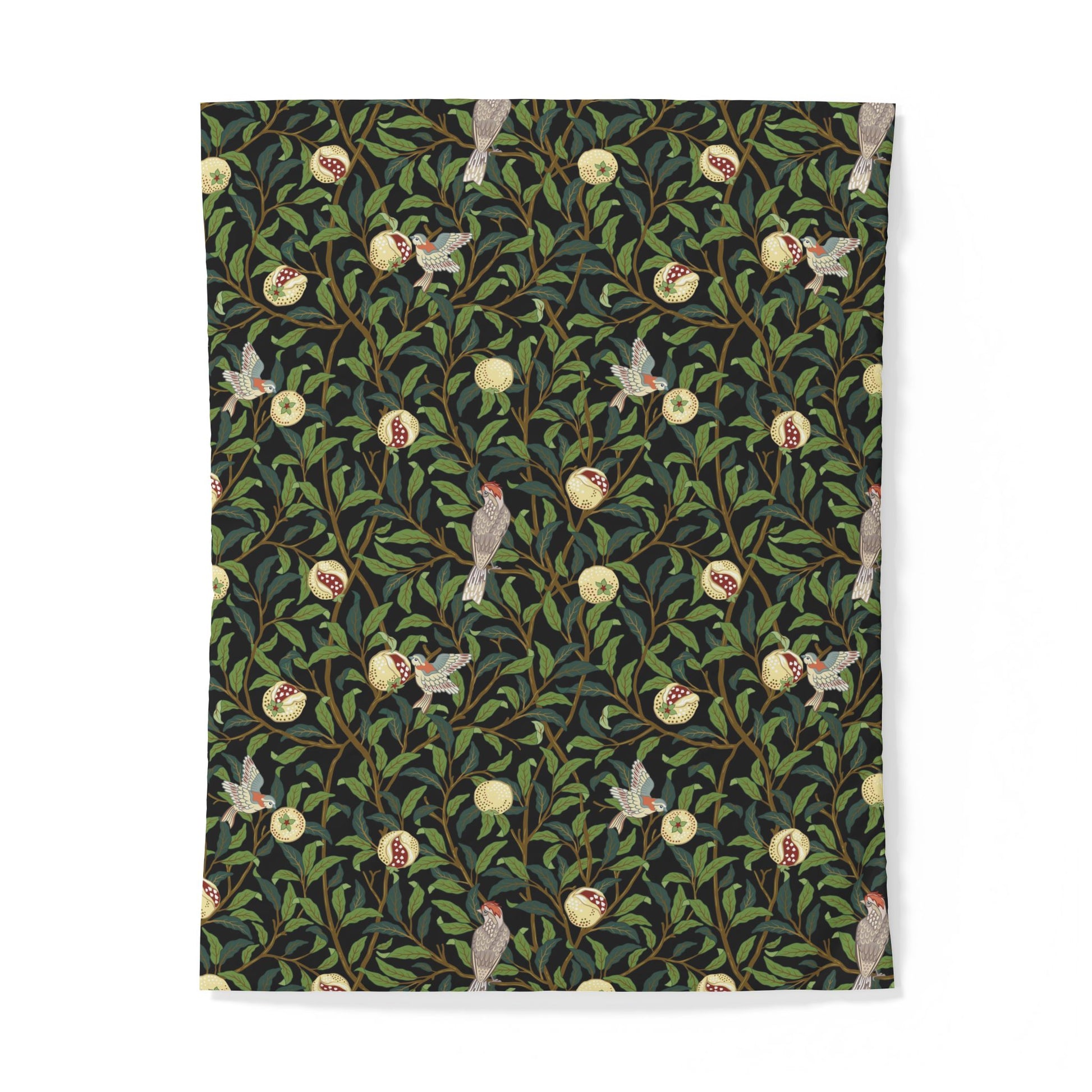 Patterned cotton fabric duvet cover with birds and leaves on a dark green background