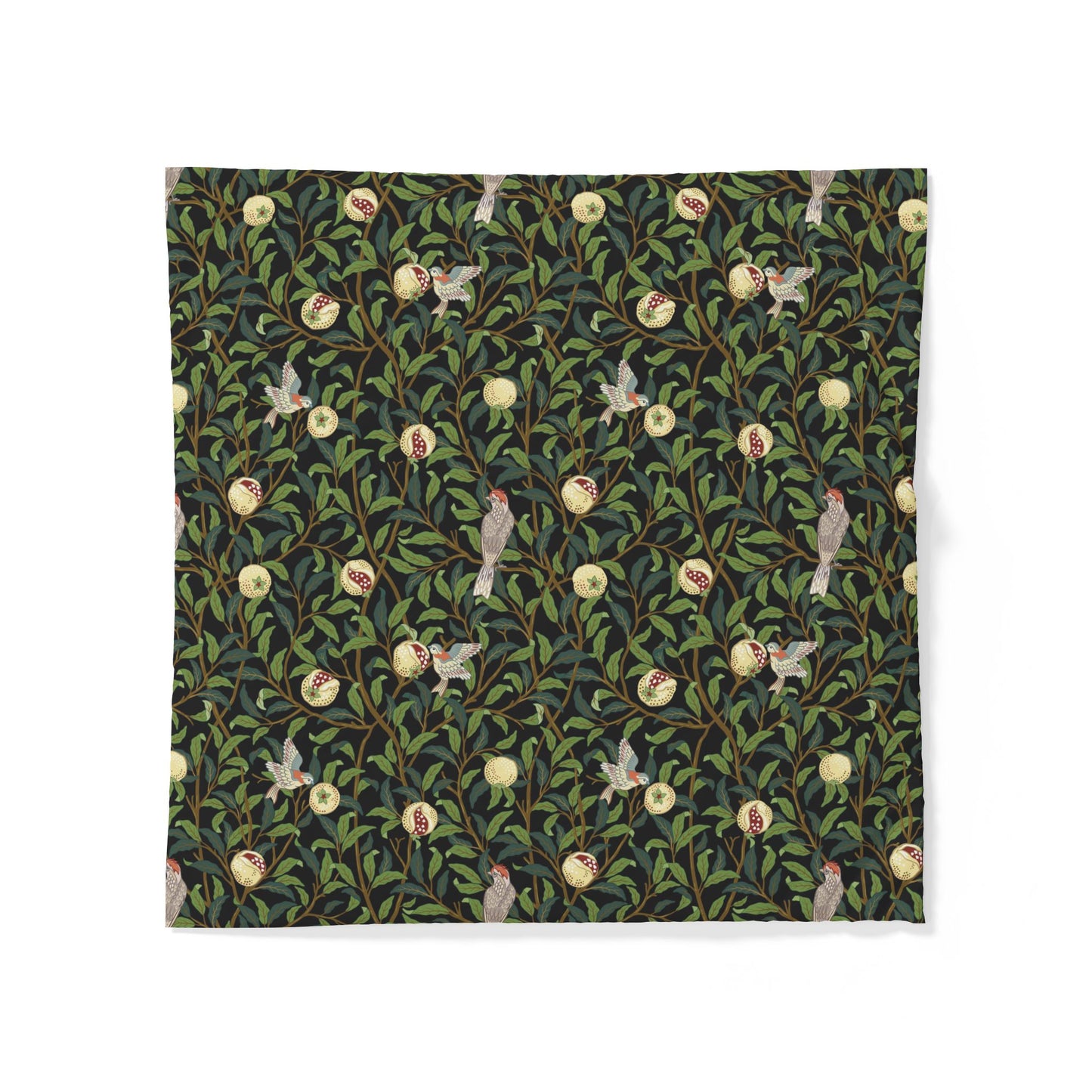 Patterned cotton fabric duvet cover with birds and flowers on a green background