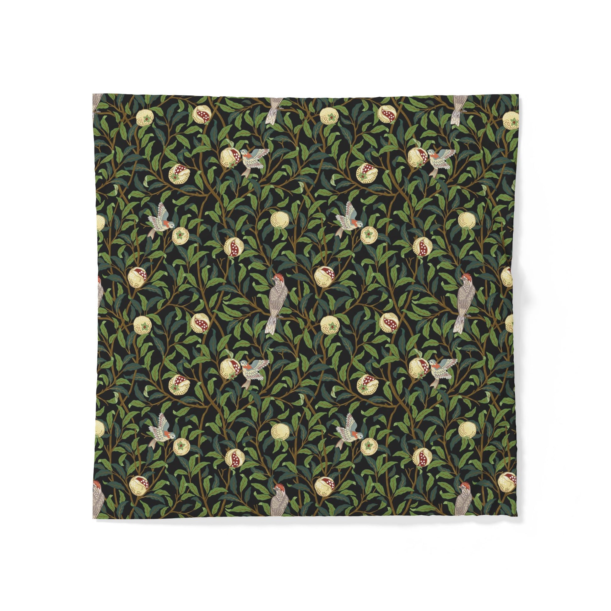 Patterned cotton fabric duvet cover with birds and flowers on a green background