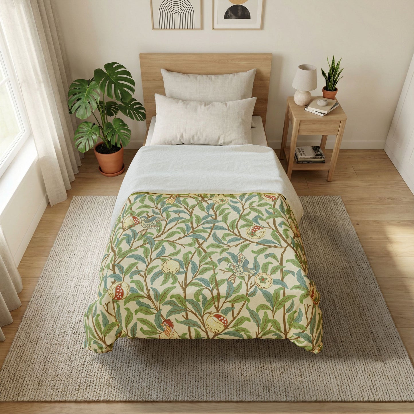 Bedroom with a bed featuring a floral comforter, nightstand, and plants.