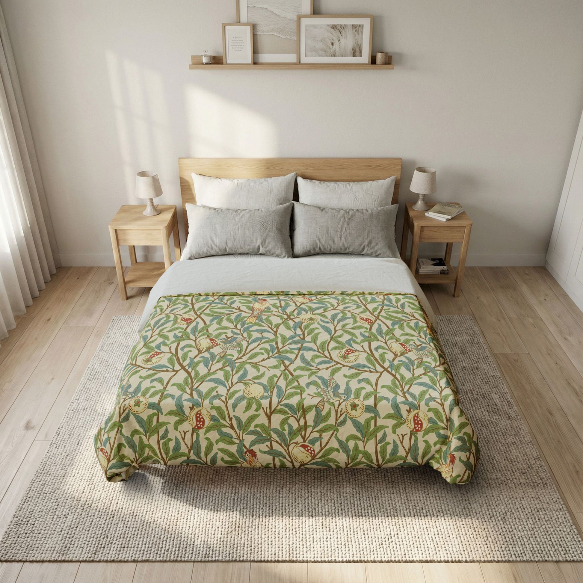 Bedroom with a bed featuring a green floral duvet cover, wooden headboard, and side tables.