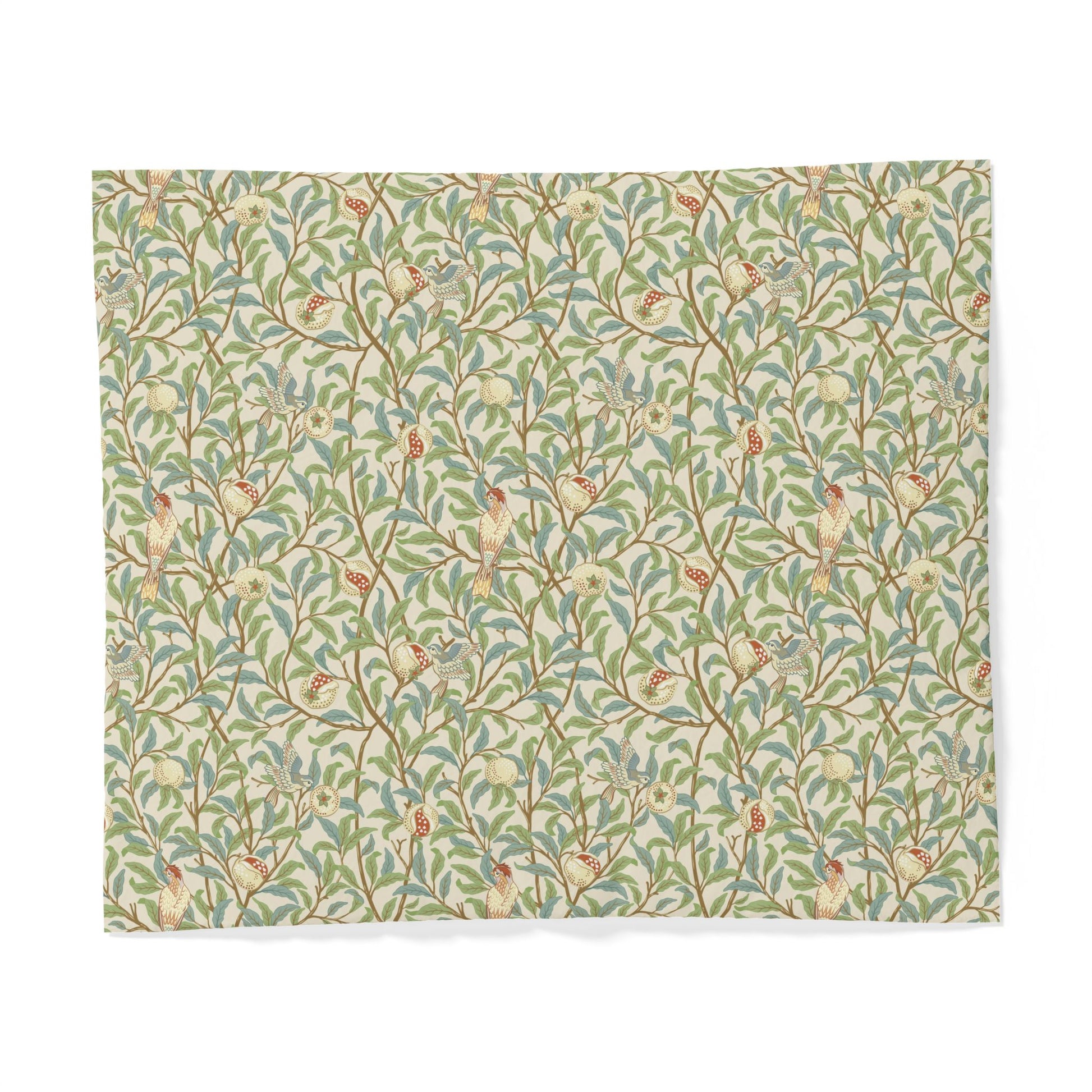 Patterned fabric with green and brown design on a white background