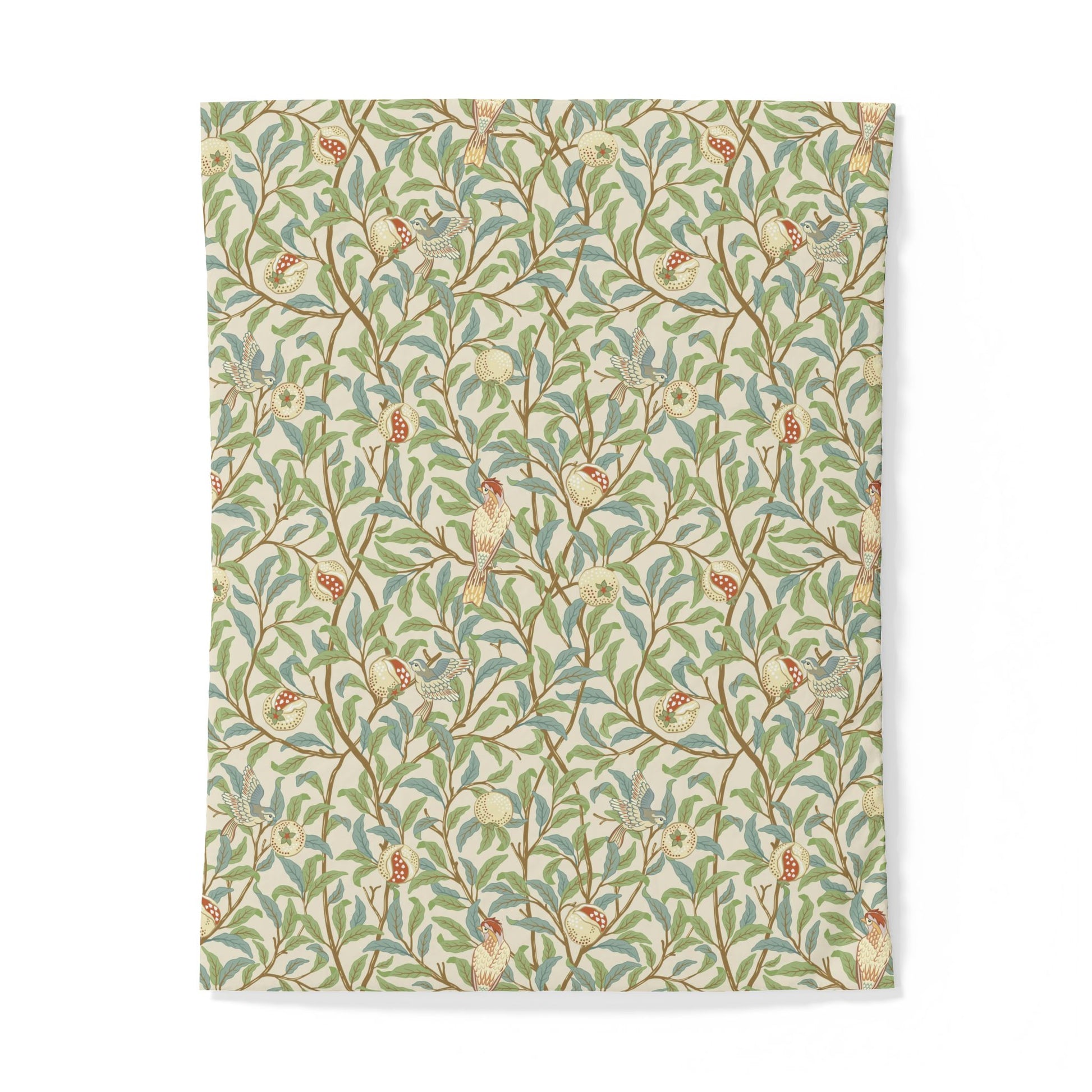 Cotton duvet cover with floral and bird pattern on a white background