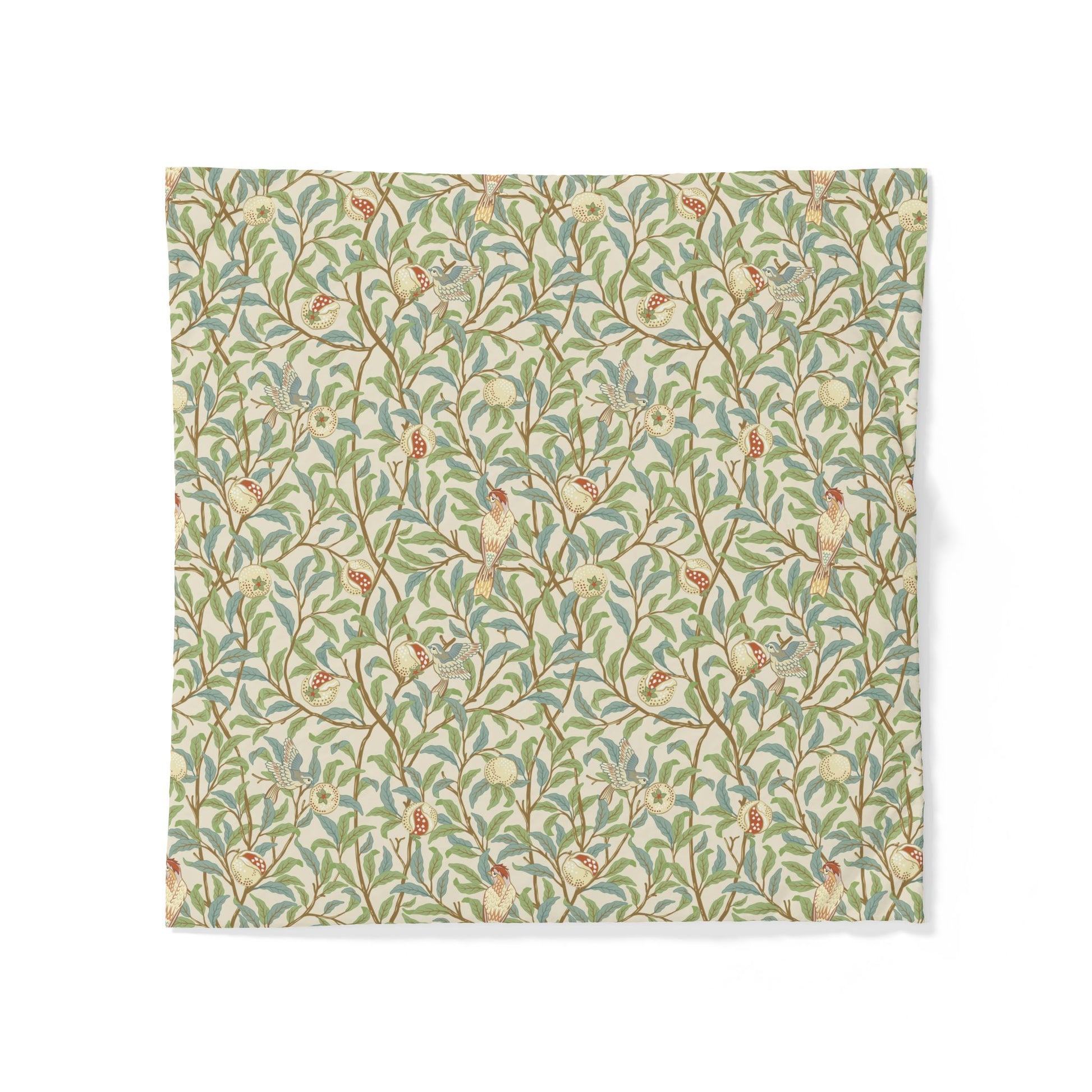 Patterned cotton fabric duvet cover with green and beige design on a white background